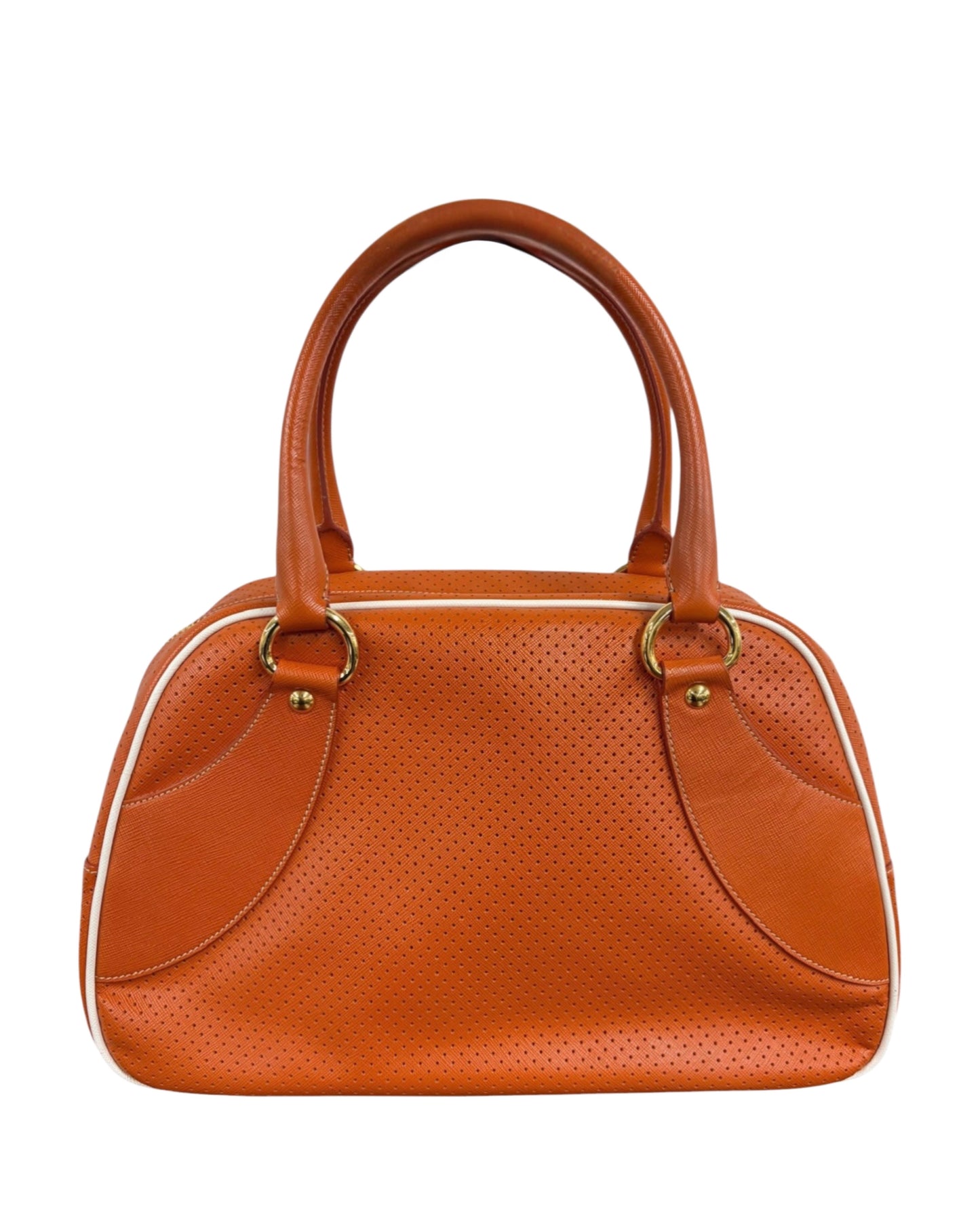 Prada Vintage Orange Perforated Leather Large Top Handle Bowling Bag