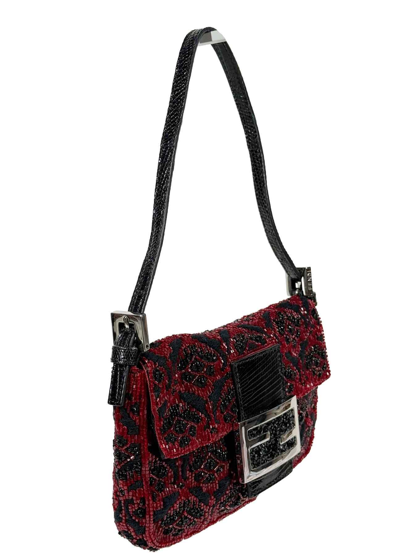 Fendi Vintage Red & Black Beaded Lizard Trim Crystal Embellished Mini Baguette Bag
