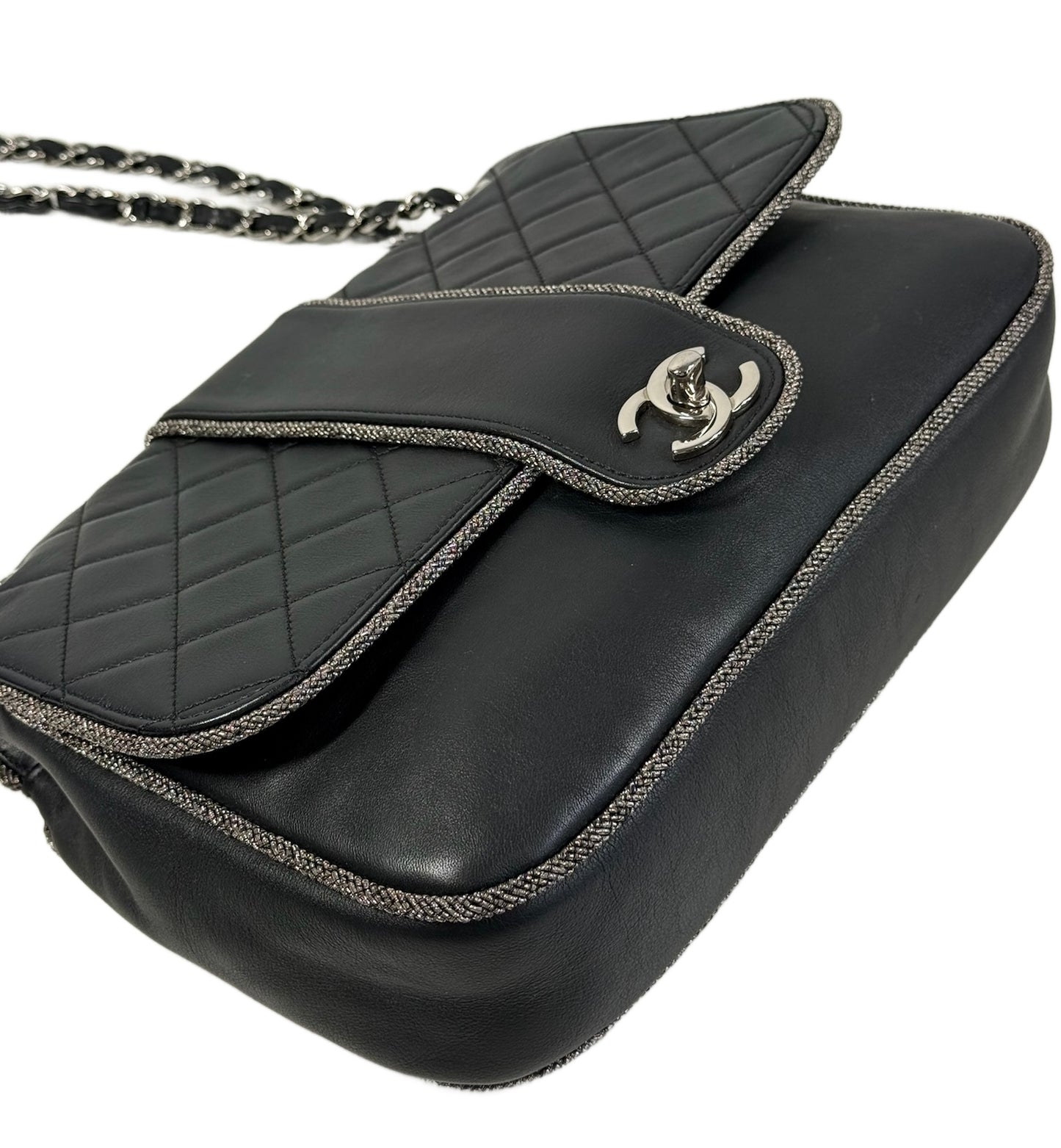 Chanel Dark Gunmetal Gray Quilted Lambskin Elementary Chic Flap Shoulder Bag