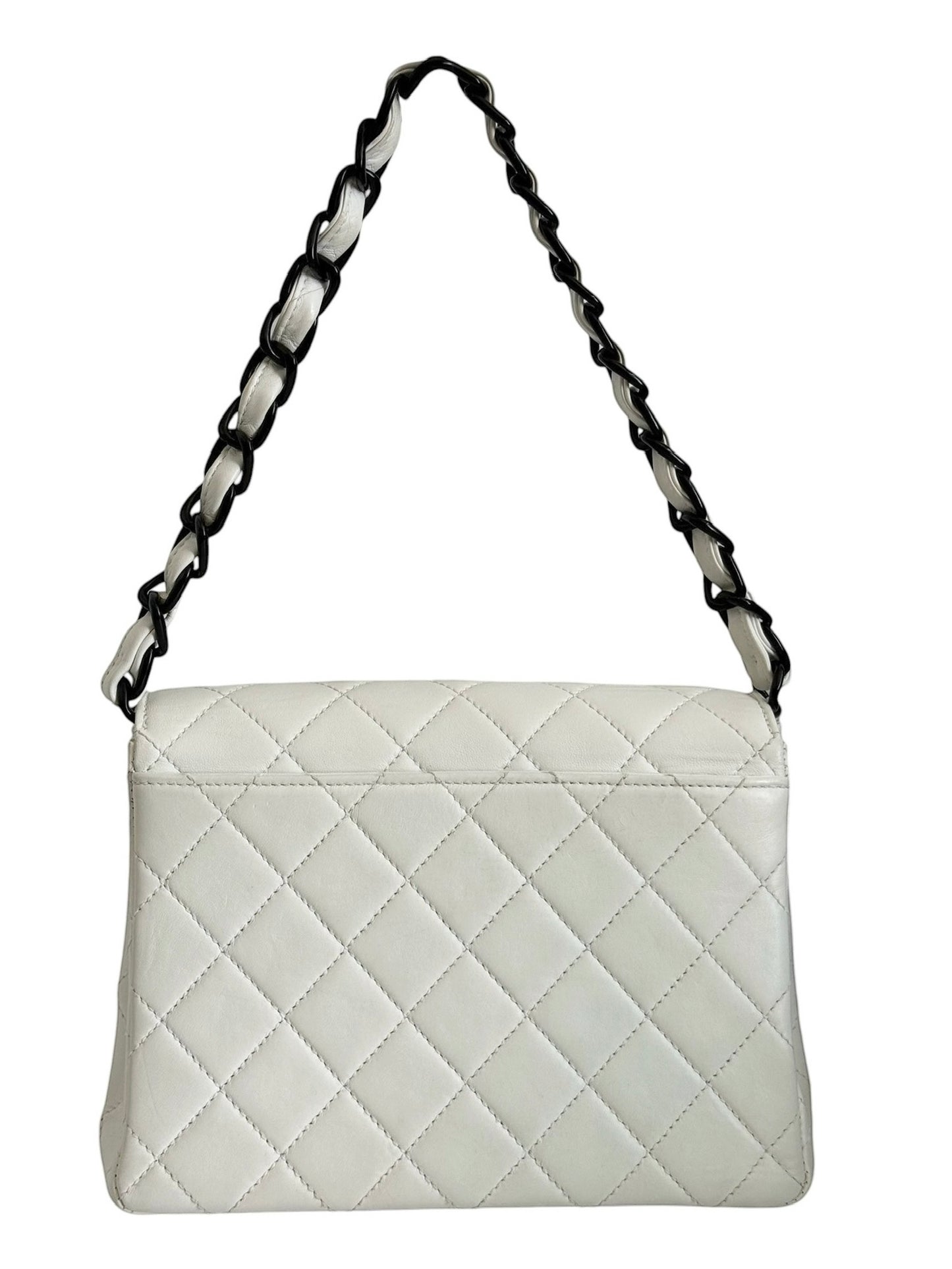 Chanel Vintage 90s White Quilted Lambskin Medium Square Flap Shoulder Bag with So Black Hardware - Retouched