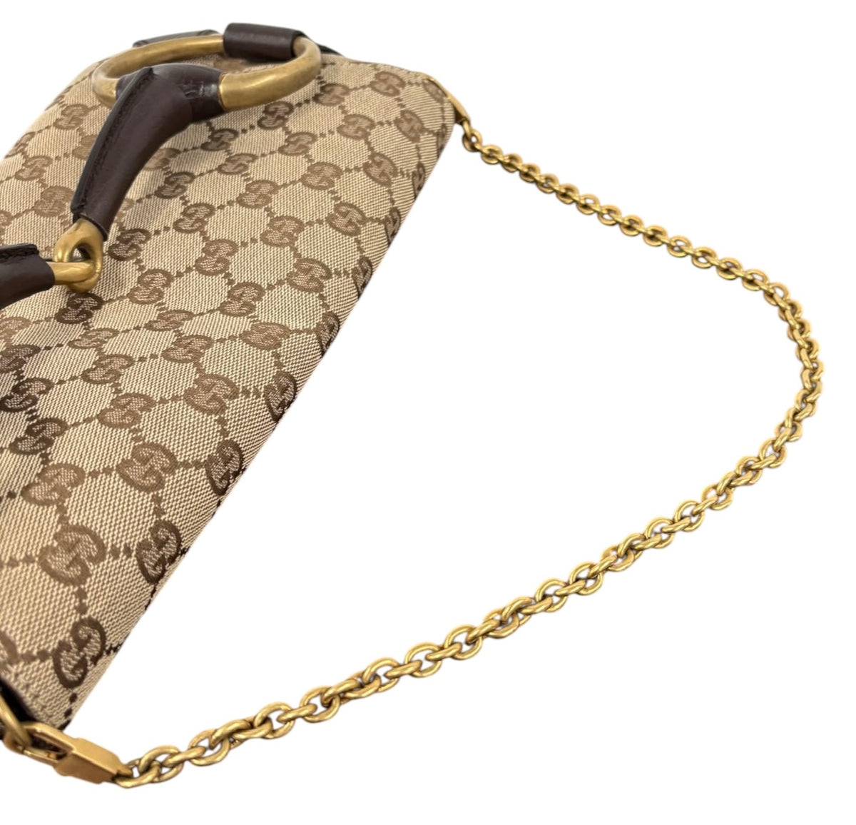 Gucci Vintage Brown GG Monogram Large Horsebit Shoulder Clutch Bag