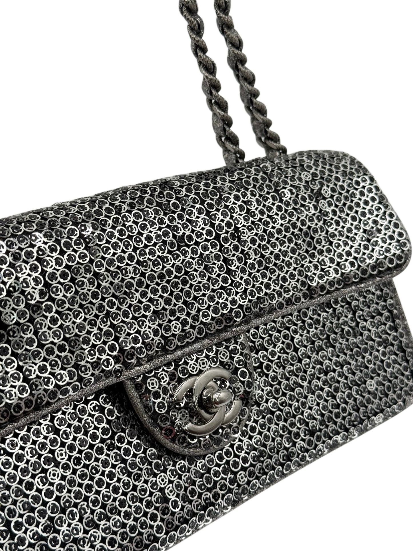 Chanel Vintage Pewter Silver Sequin East West Classic Flap Shoulder Bag