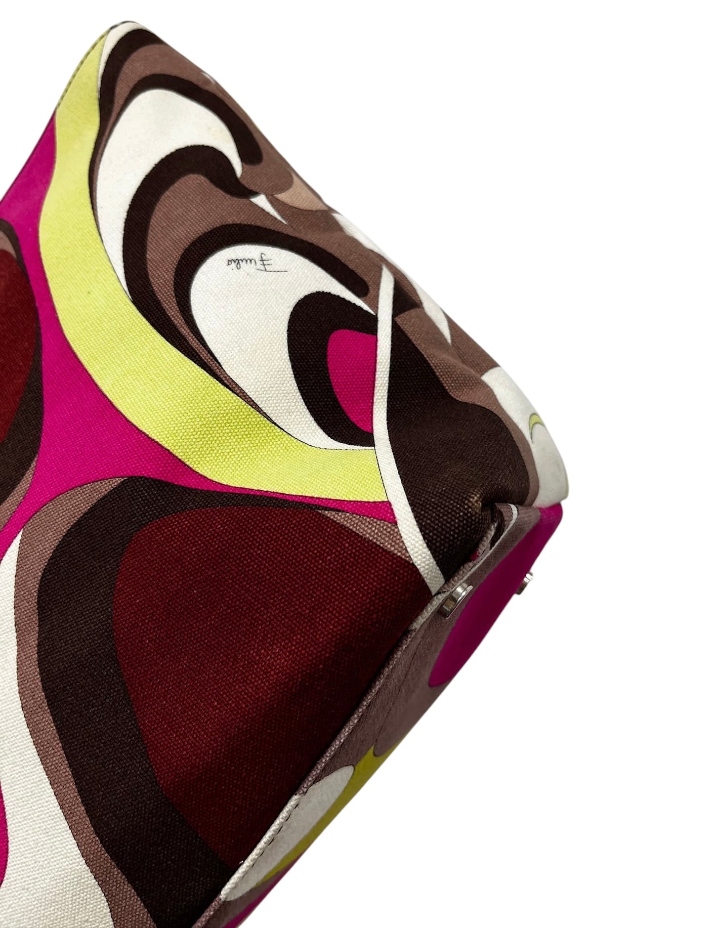 Emilio Pucci Vintage Fuchsia Green Burgundy Canvas and Leather Small Shoulder Tote Bag