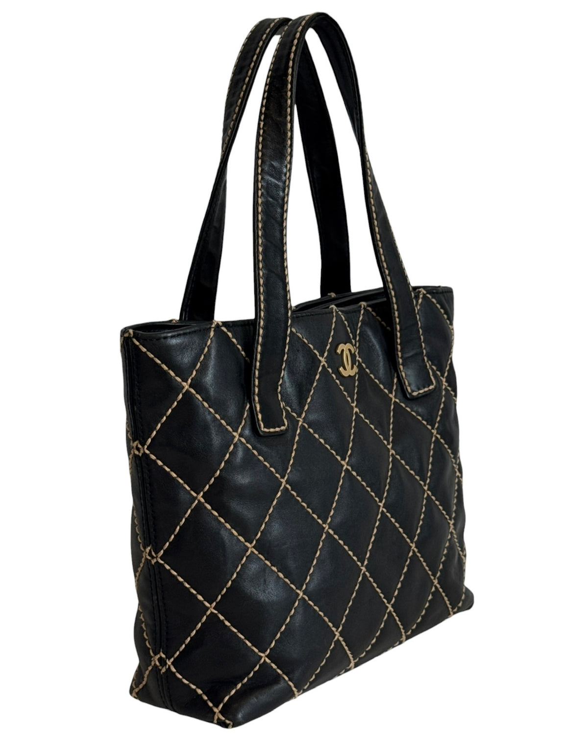 Chanel Vintage 00s Black Quilted Lambskin Wild Stitch Small Shoulder Tote Bag