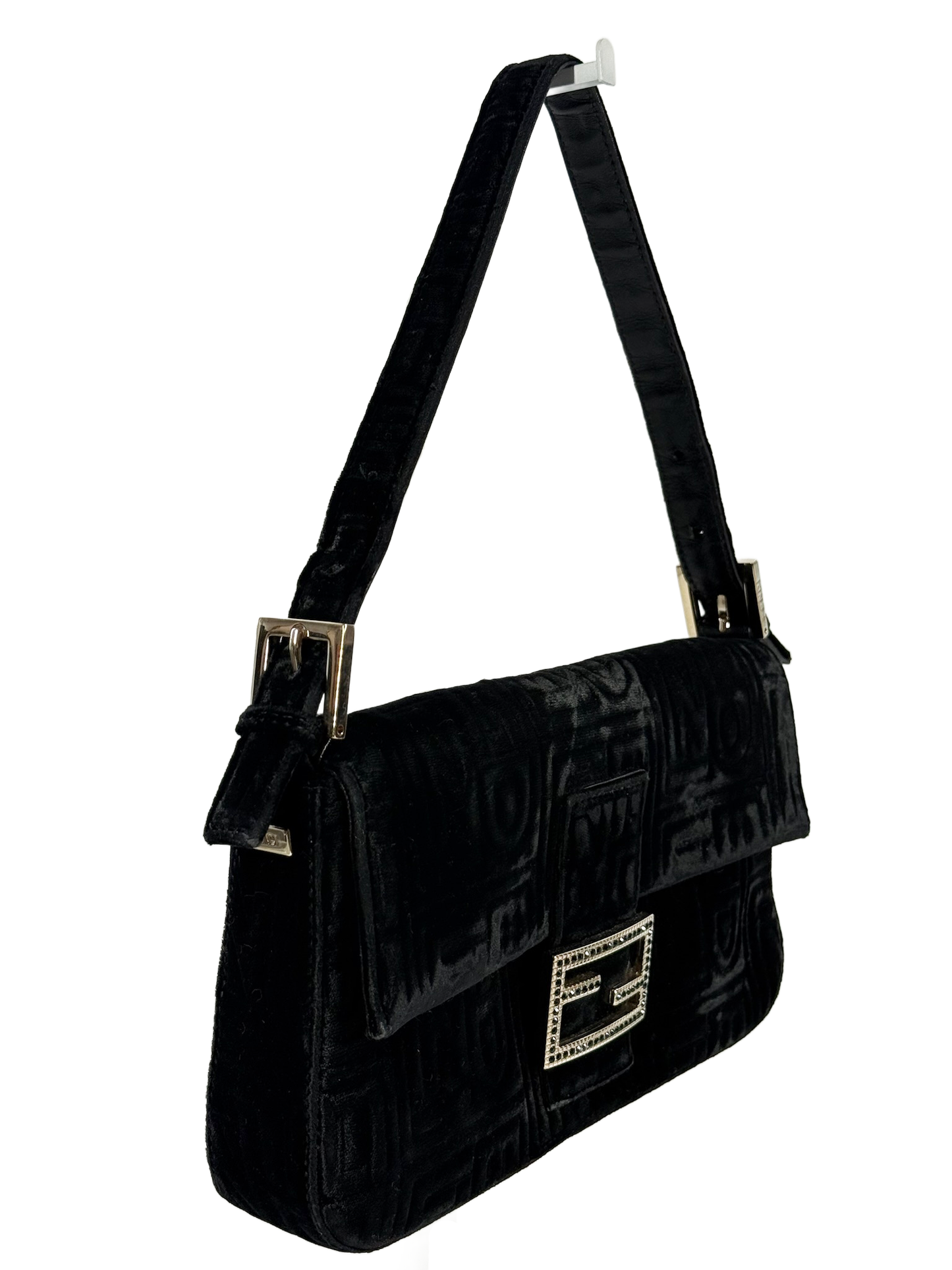 Fendi Vintage Black Embossed Monogram Velvet Velour Shoulder Baguette Bag w Gold Crystal Logo