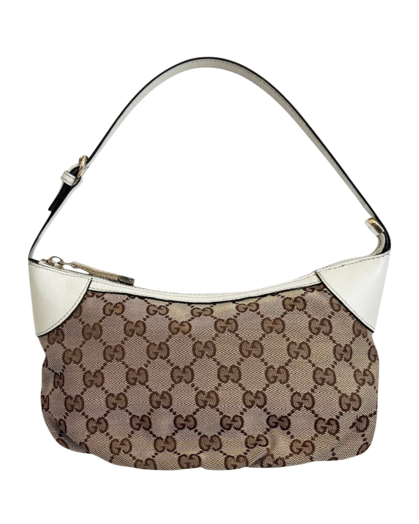 Gucci Vintage Brown GG Monogram Ivory Leather Trim Striped Pull Ruffle Small Pochette Bag
