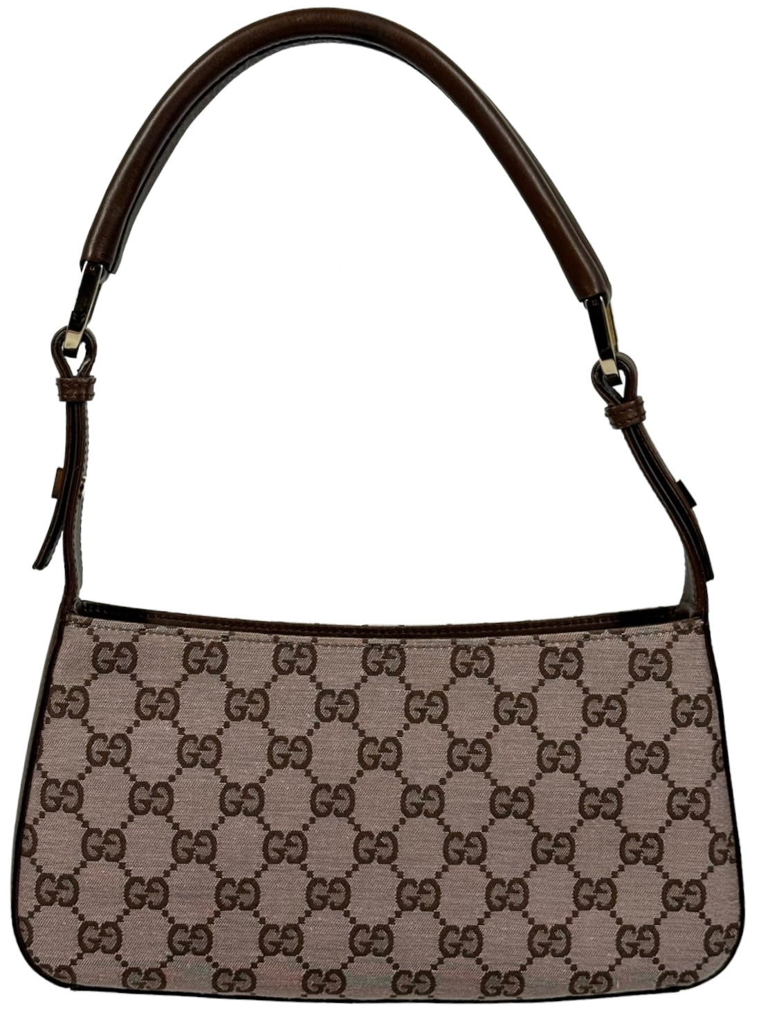 Gucci Vintage Light Brown Satin GG Monogram Leather Trim Shoulder Pochette Bag