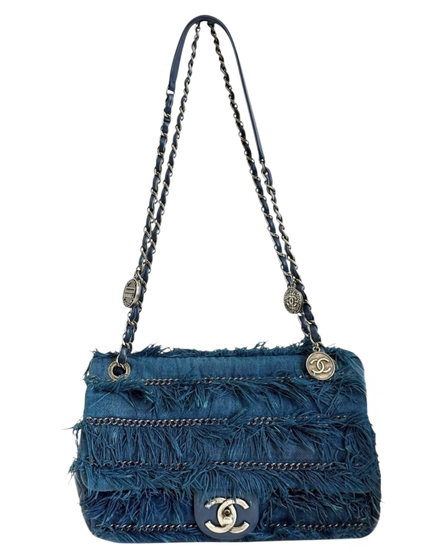 Chanel Vintage 2015 Paris-Dubai Blue Fringe Shoulder Flap Bag