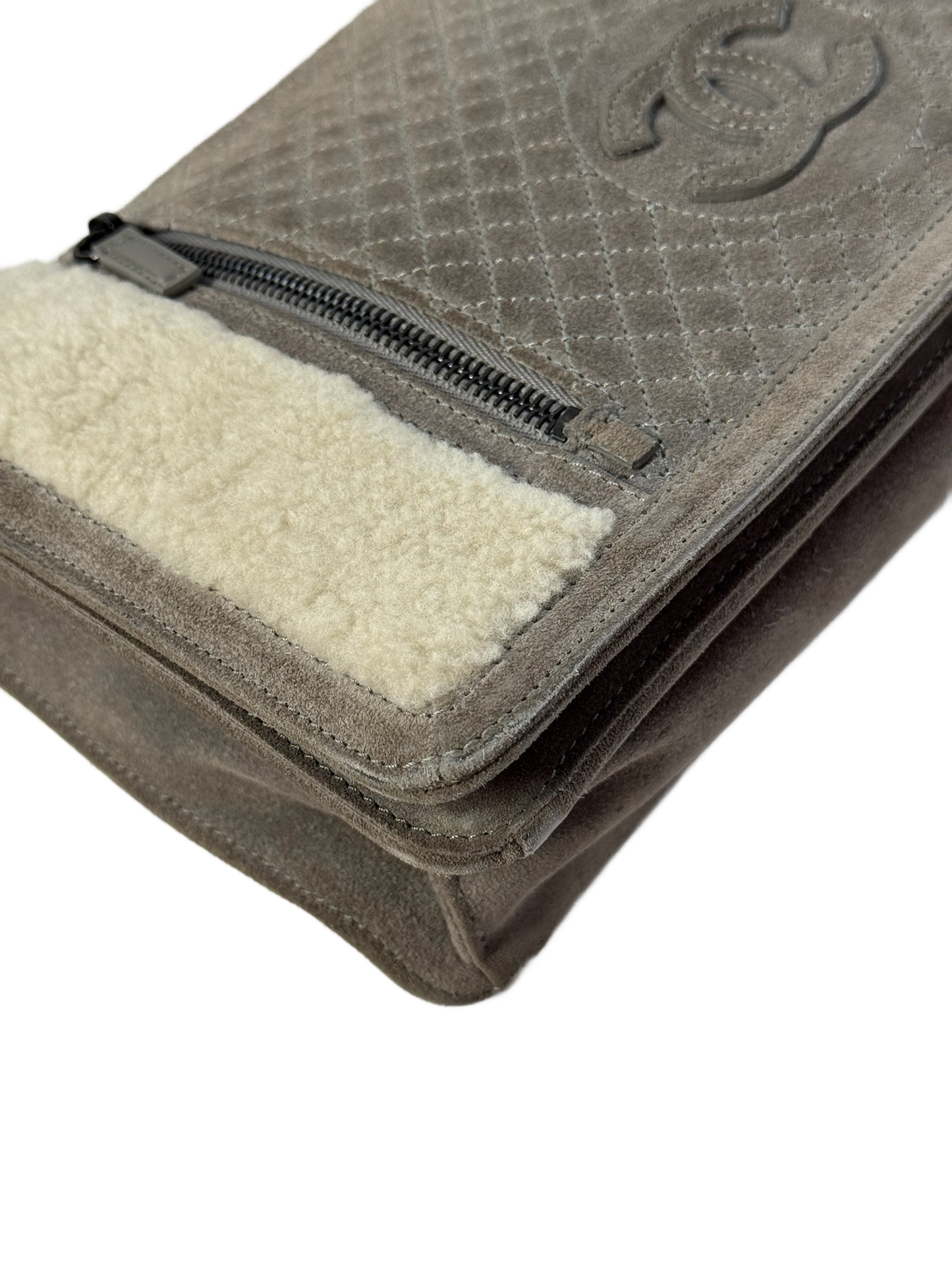 Chanel Gray Quilted Suede & Ivory Shearling Shoulder Flap Bag