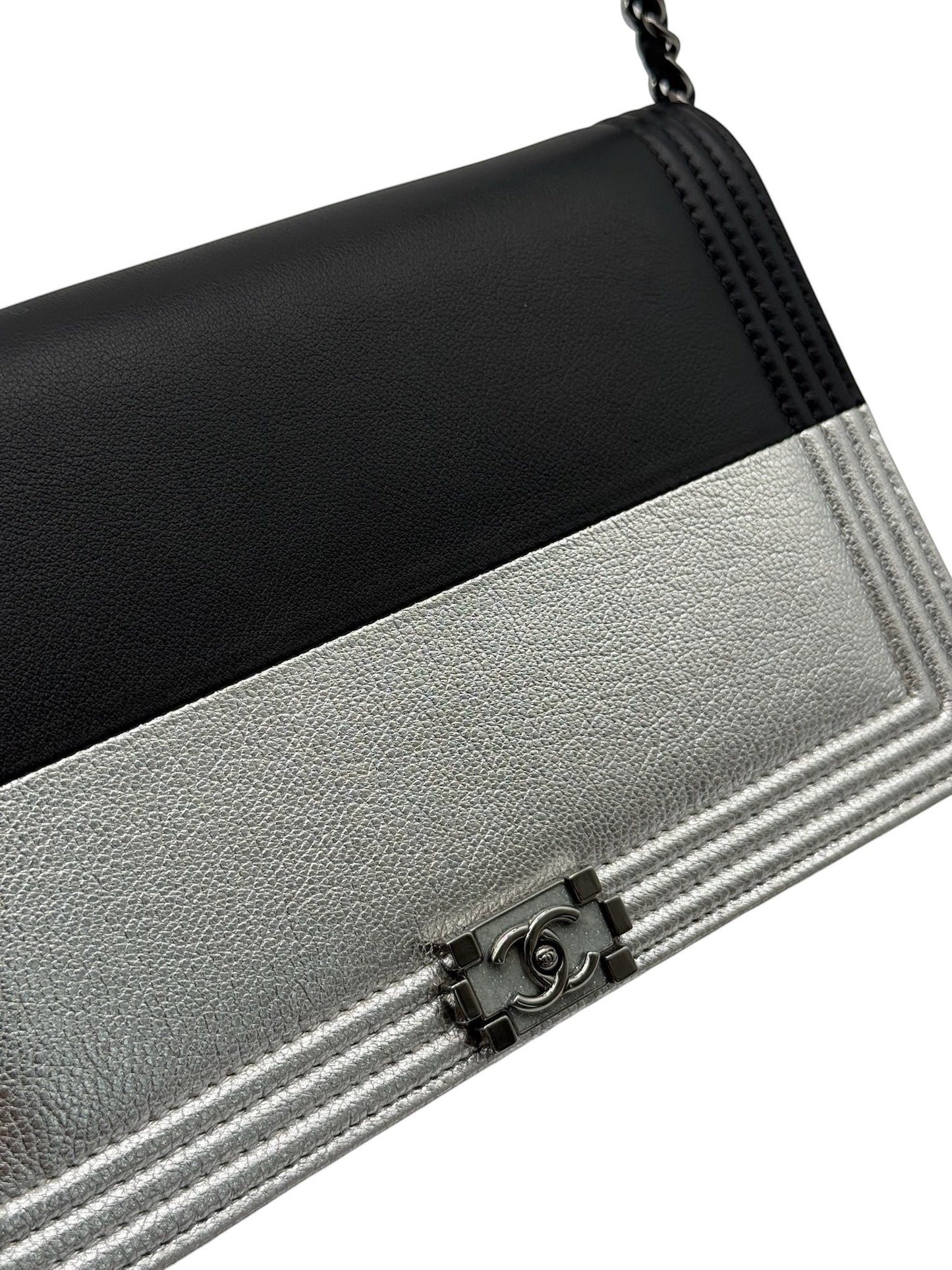 Chanel Black & Metallic Silver Lambskin Two-Toned Boy Wallet on Chain Bag