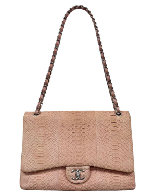 Chanel 2011 Rose Pink Python Classic Jumbo Double Flap Bag with Silver Hardware