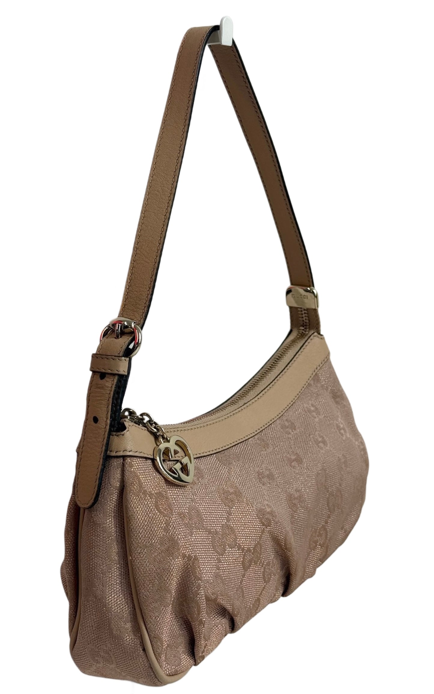 Gucci Vintage Metallic Pink GG Monogram Canvas w Ivory Leather Trim Lovely Heart Logo Mini Shoulder Pochette Bag