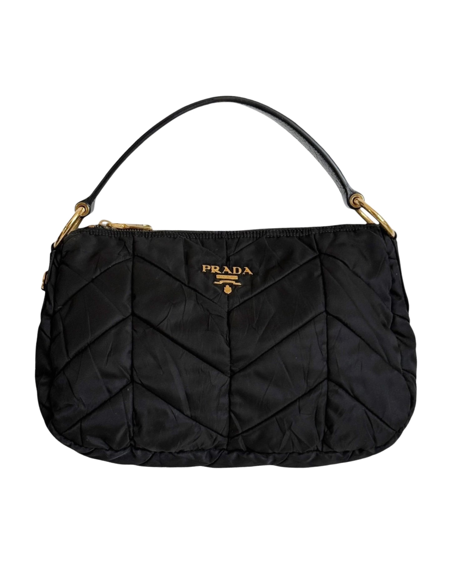 Prada Vintage Black Chevron Quilted Nylon Medium Hobo Top Handle Pochette Bag