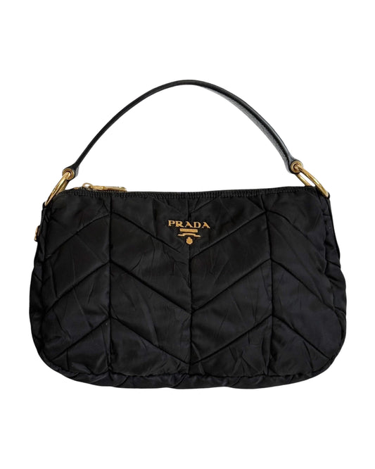 Prada Vintage Black Chevron Quilted Nylon Medium Hobo Top Handle Pochette Bag
