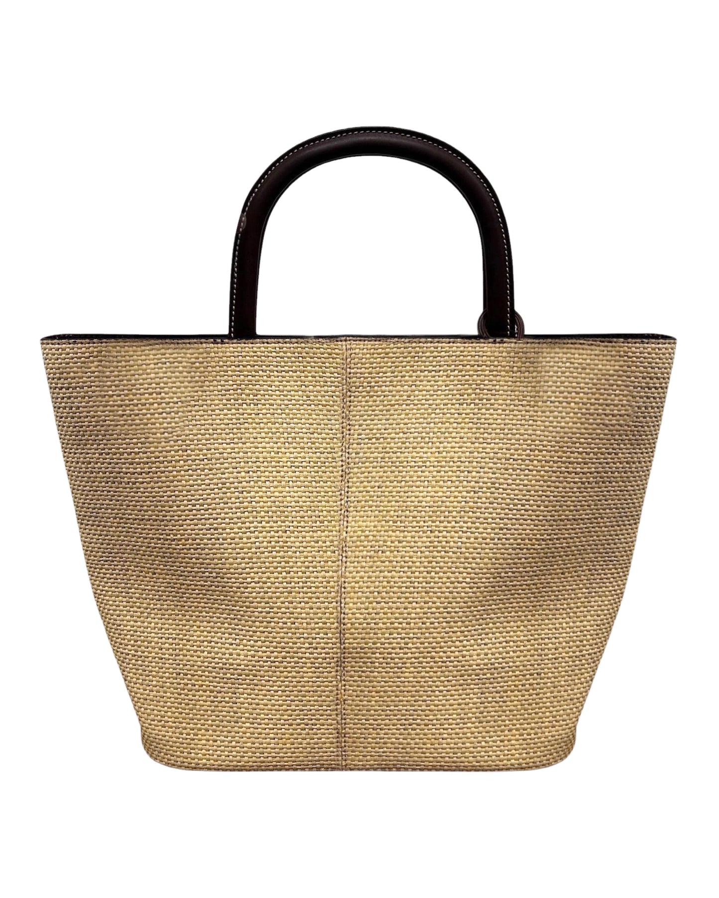 Chanel Vintage 90s Beige Raffia Brown Lambskin Top Handle Tote Bag 