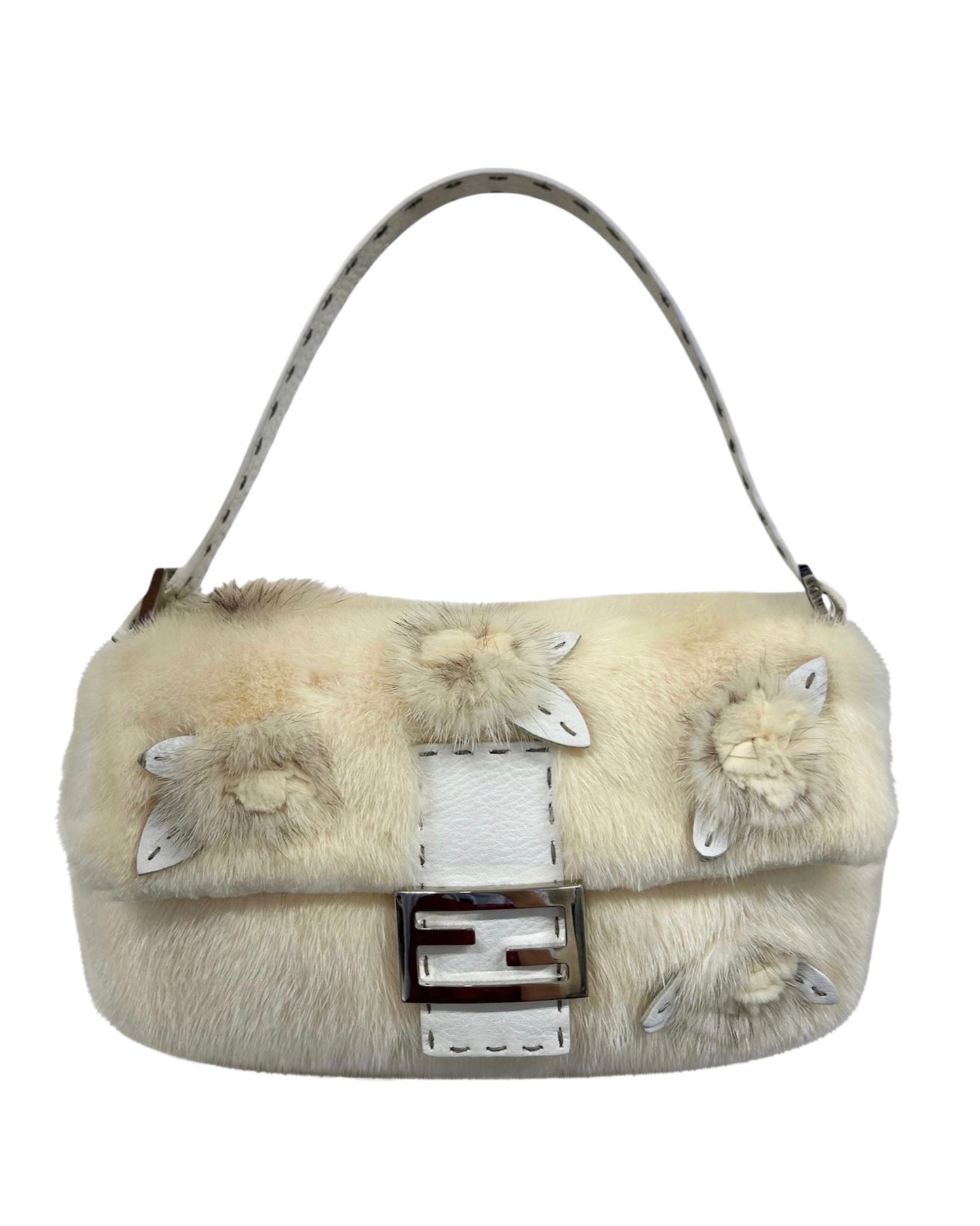 Fendi Vintage Ivory Rabbit Fur Selleria Leather Trim Shoulder Baguette Bag with Rose Details