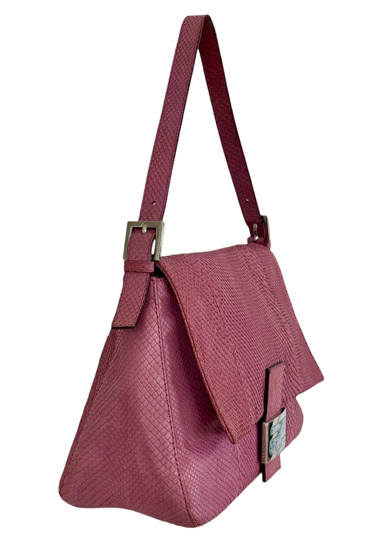 Fendi Vintage Fuchsia Pink Python Blue Marble Logo XL Mamma Shoulder Baguette Bag