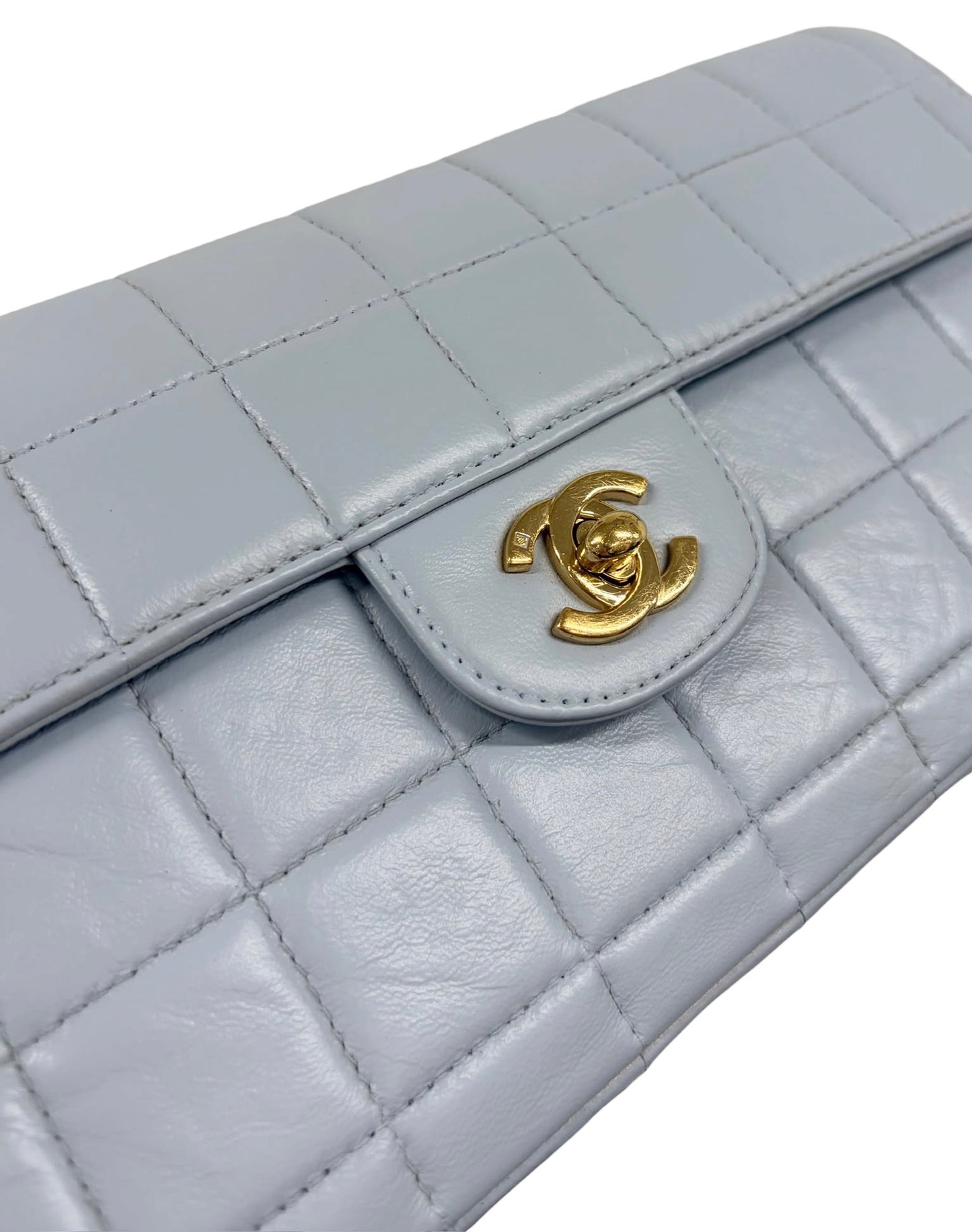 Chanel Vintage 00s Baby Blue Chocolate Bar Quilted Lambskin East West Shoulder Flap Bag - Spa Treated