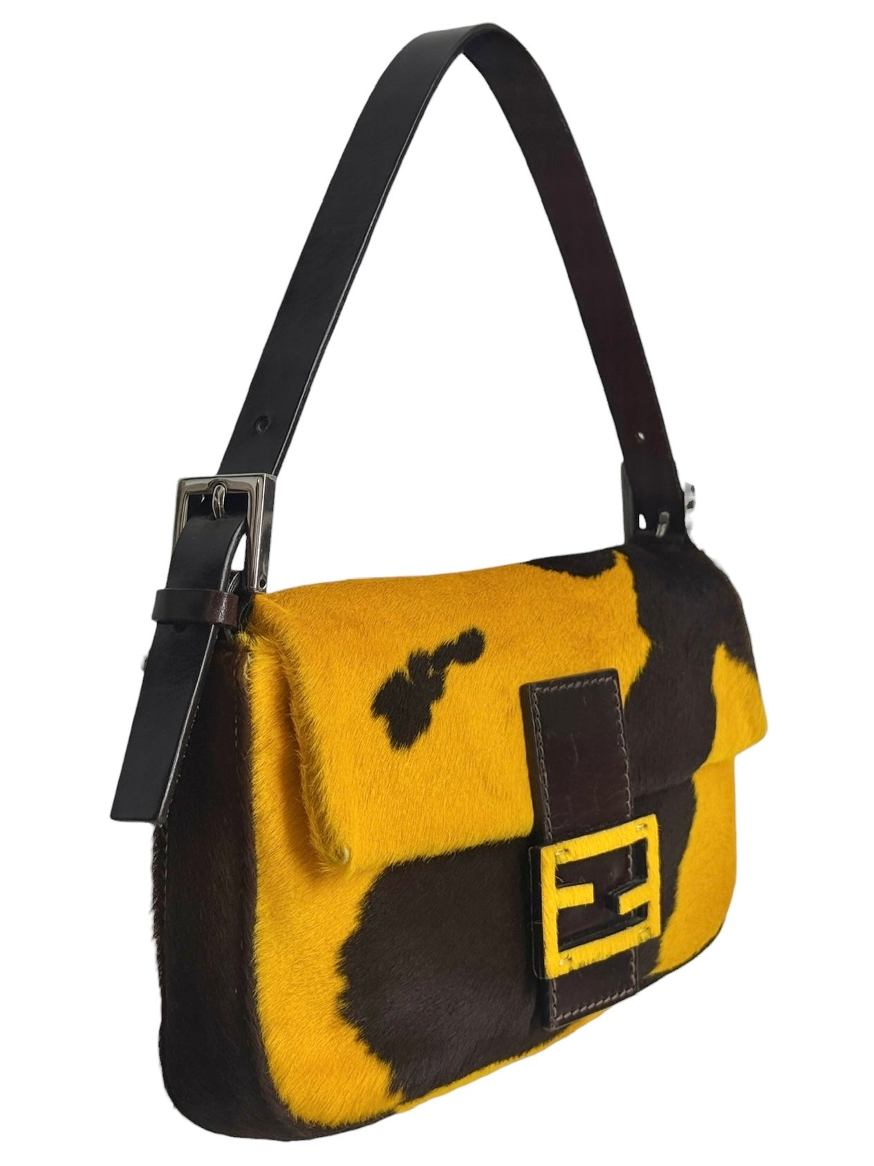 Fendi Vintage Yellow Cow Print Pony Hair Shoulder Baguette Bag