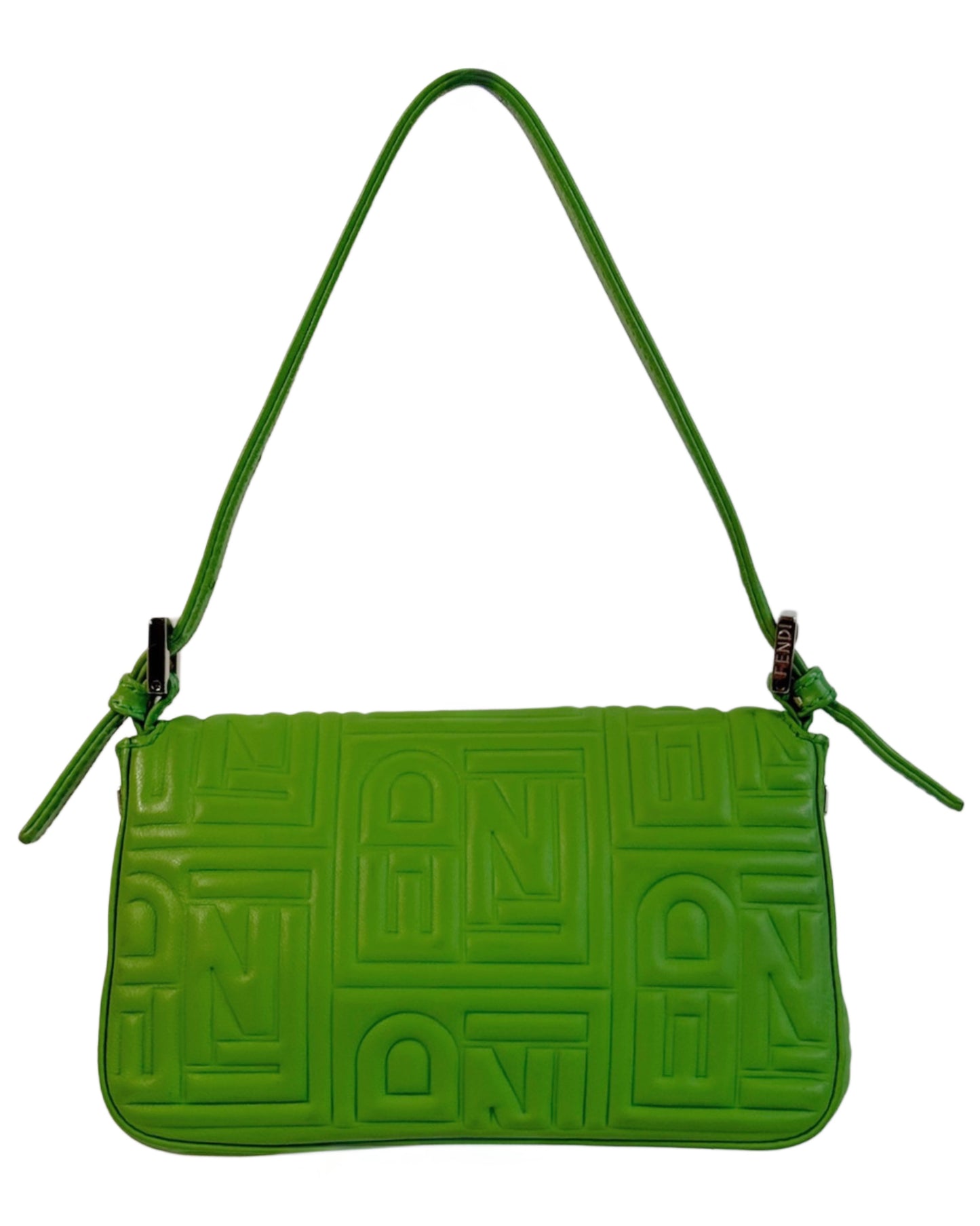 Fendi Vintage Green Nappa Embossed Logo Leather Shoulder Mini Baguette Shoulder Bag