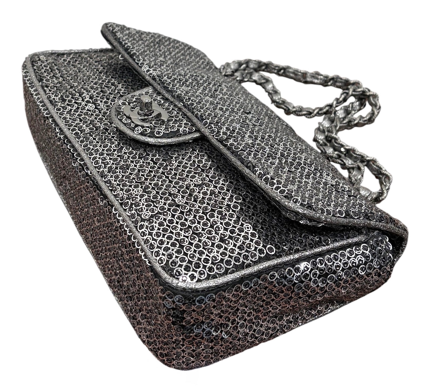Chanel Vintage 00s Pewter Silver Sequin Medium Classic Single Flap Shoulder Bag
