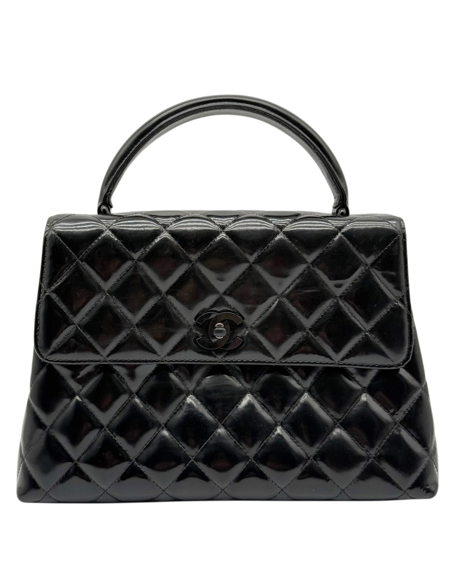 Chanel Vintage 90s Black Quilted Patent Leather So Black Hardware Small Kelly Top Handle Flap Bag