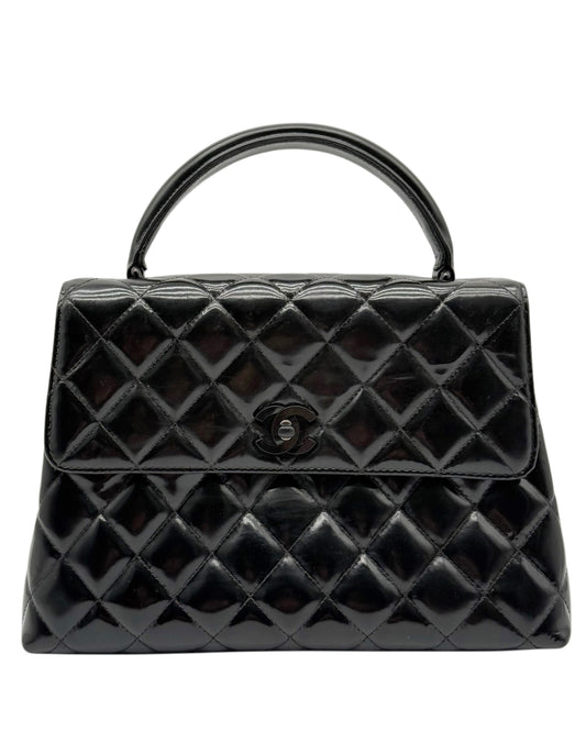 Chanel Vintage 90s Black Quilted Patent Leather So Black Hardware Small Kelly Top Handle Flap Bag