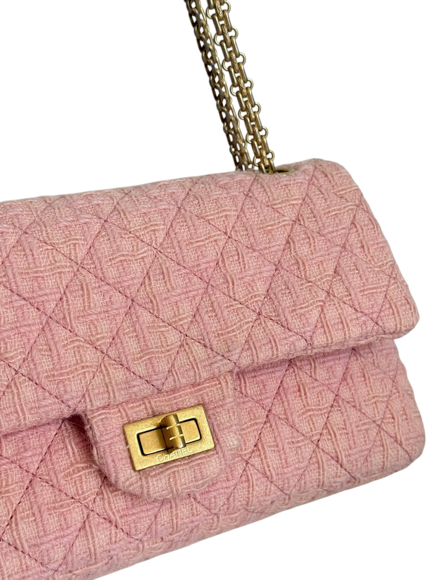 Chanel Light Pink Tweed 2.55 Reissue Medium Double Flap Bag with Aged Gold Hardware