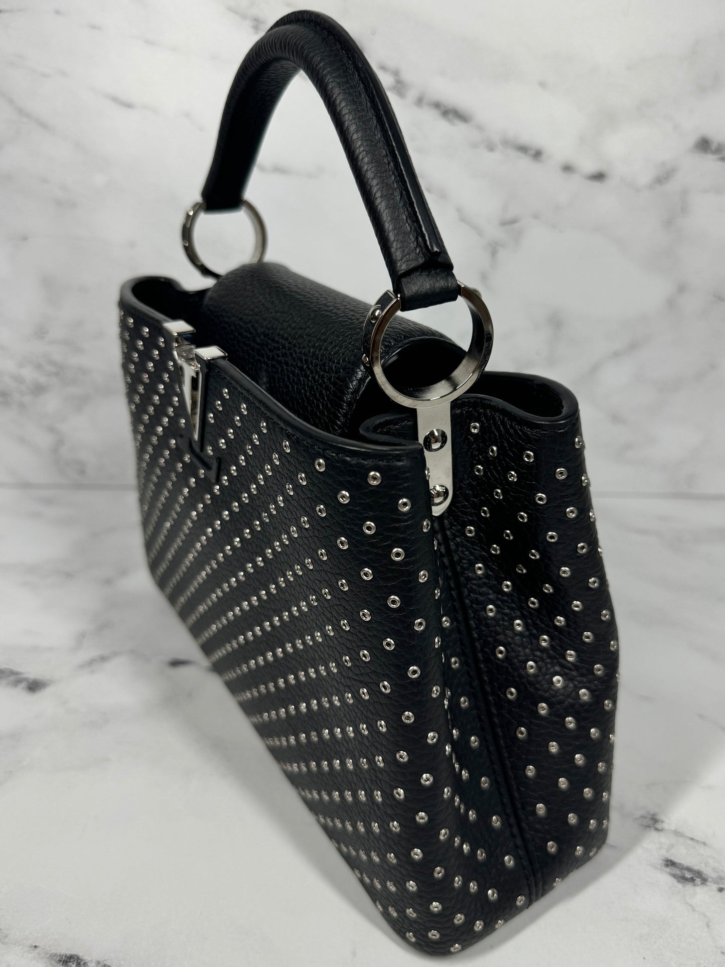 Louis Vuitton Black Taurillon Leather Silver Studded Capucines BB