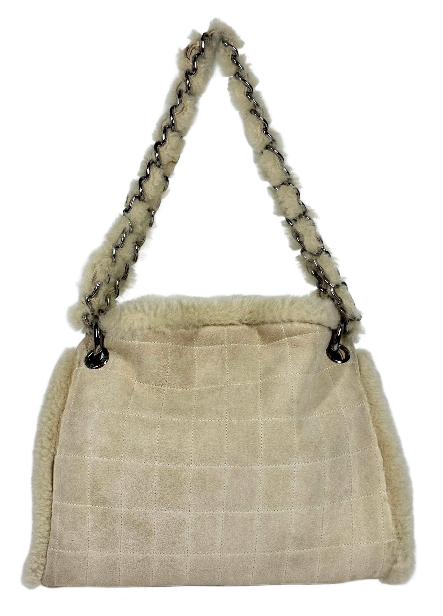 Chanel Vintage 00s Light Beige Ivory Quilted Suede Shearling Trim Small Tote Bag w Pouch