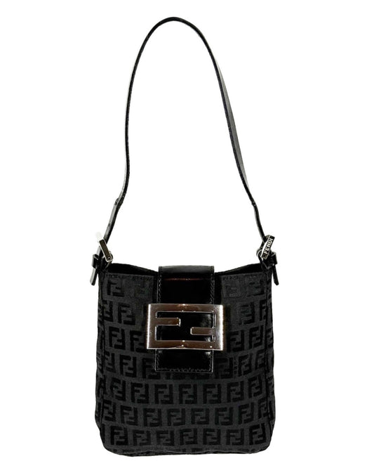 Fendi Vintage Black Zucca Monogram Phone Holder Pochette Baguette