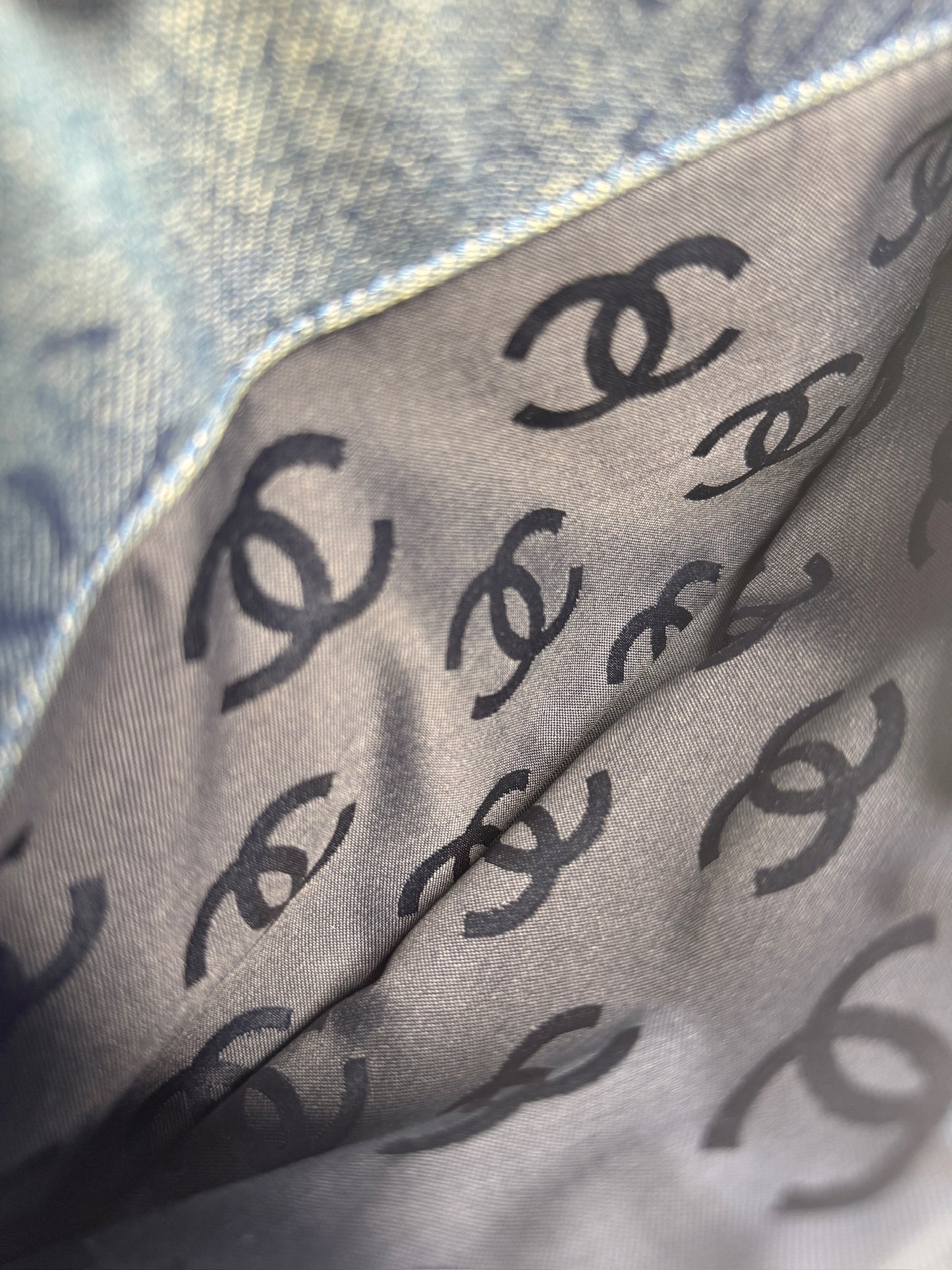 Chanel Vintage 00s Blue Denim CC Print Acrylic Chain Strap Single Flap Bag