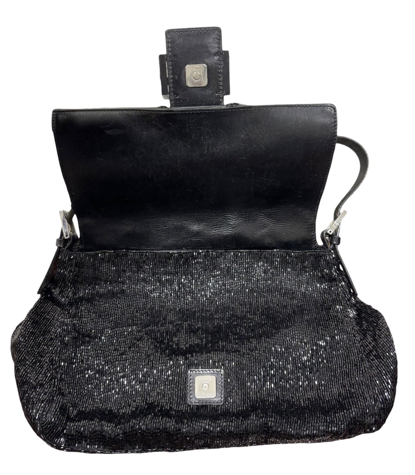 Fendi Vintage Black Beaded Leather Trim Mamma Baguette Shoulder Bag