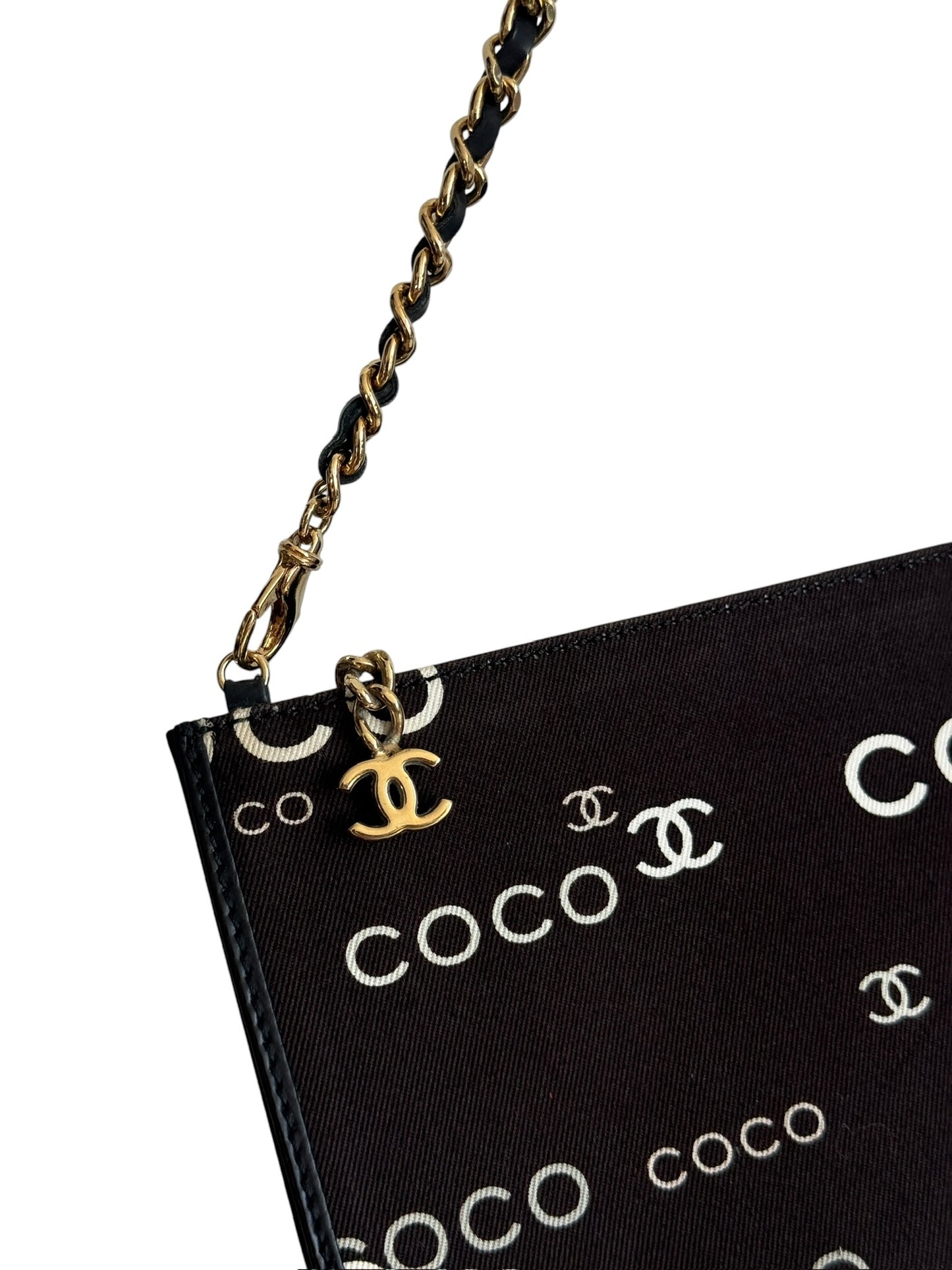 Chanel Vintage 00s Black Canvas Coco CC Logo Motif Flat Pochette Shoulder Bag