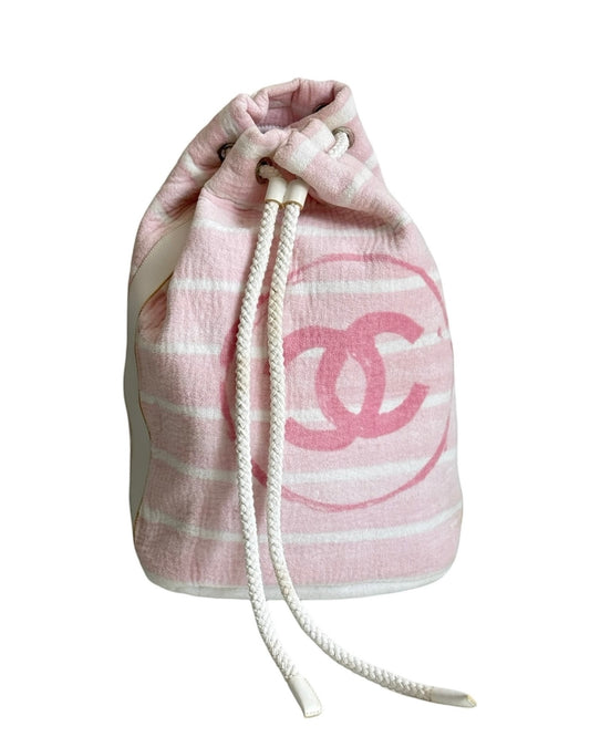 Chanel Vintage Pink and White Striped Terrycloth Large CC Logo Beach Backpack Duffle Bag 