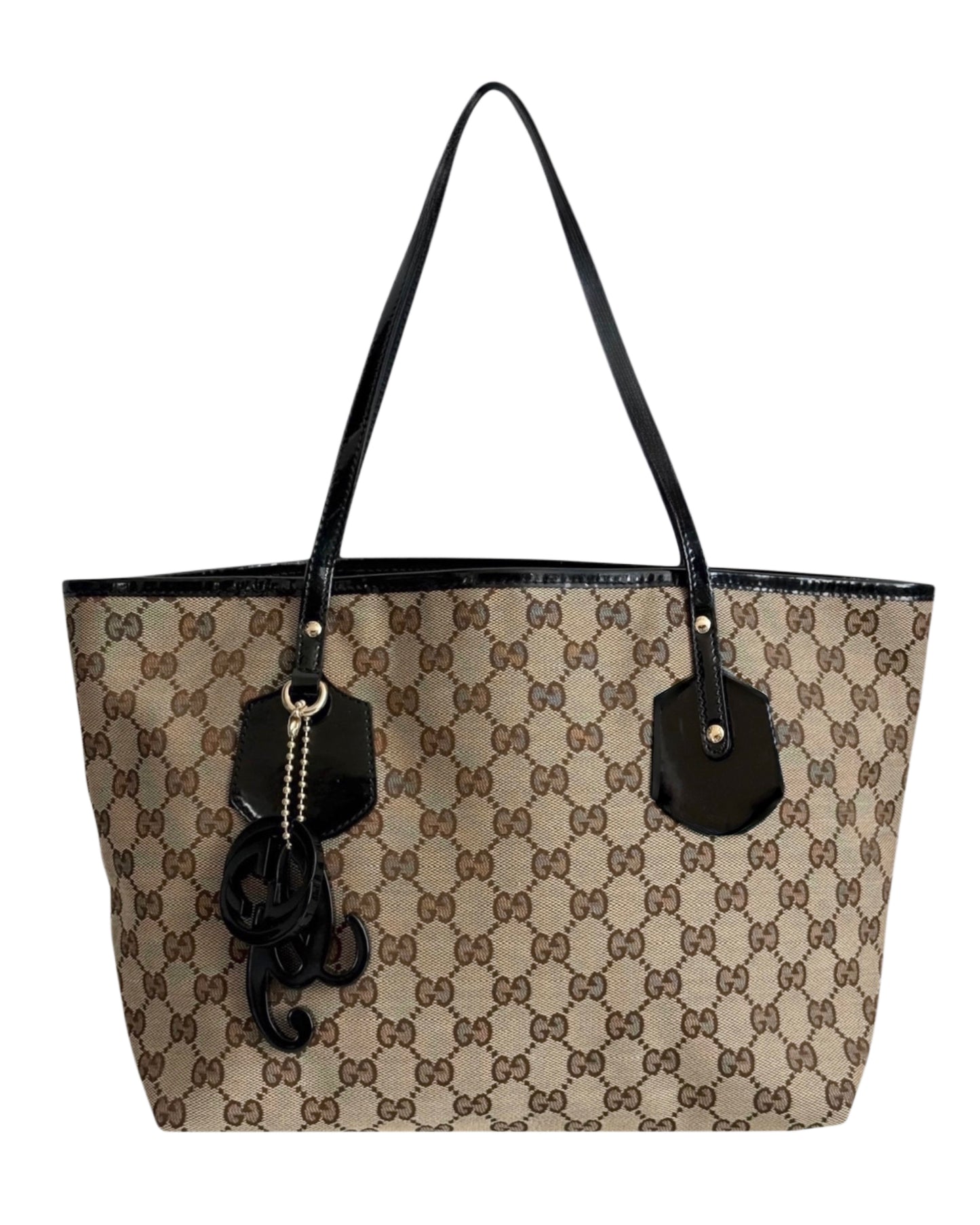 Gucci Vintage Brown GG Monogram Canvas Small Jolie Tote Bag with Black Patent Leather Trim