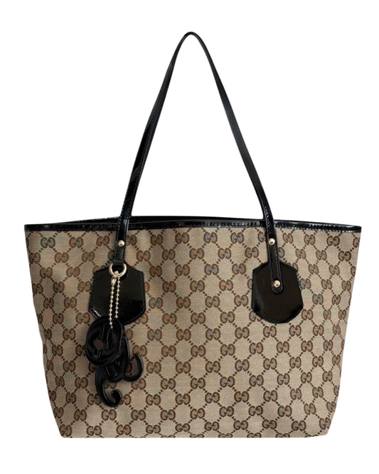 Gucci Vintage Brown GG Monogram Canvas Small Jolie Tote Bag with Black Patent Leather Trim