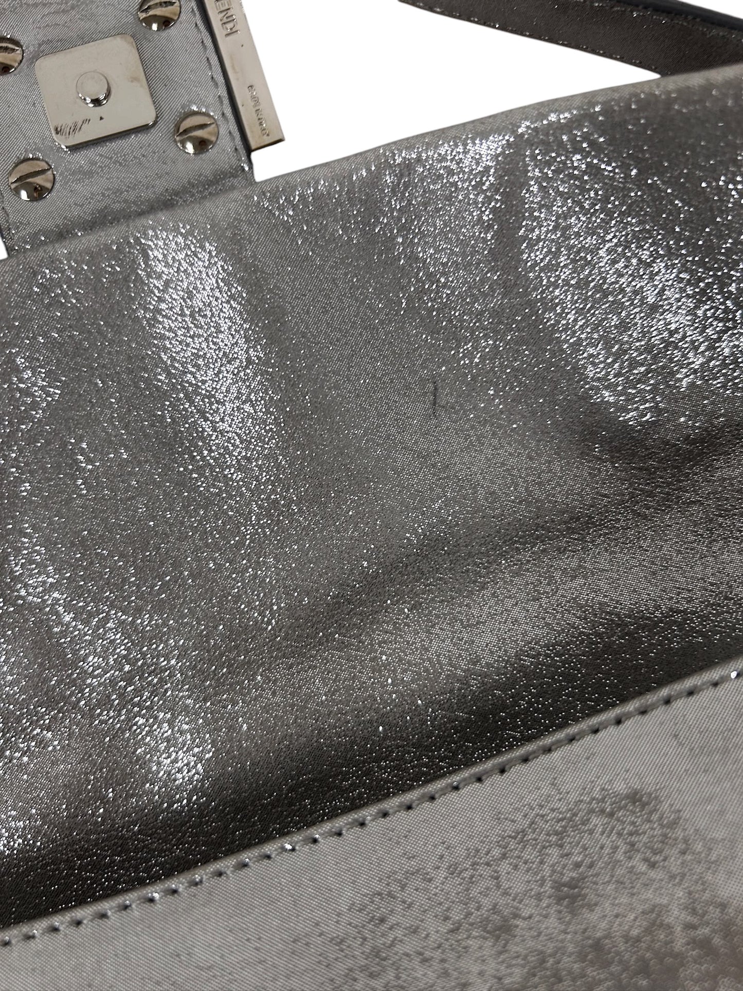 Fendi Vintage Metallic Silver Leather Crystal Logo Shoulder Baguette Bag
