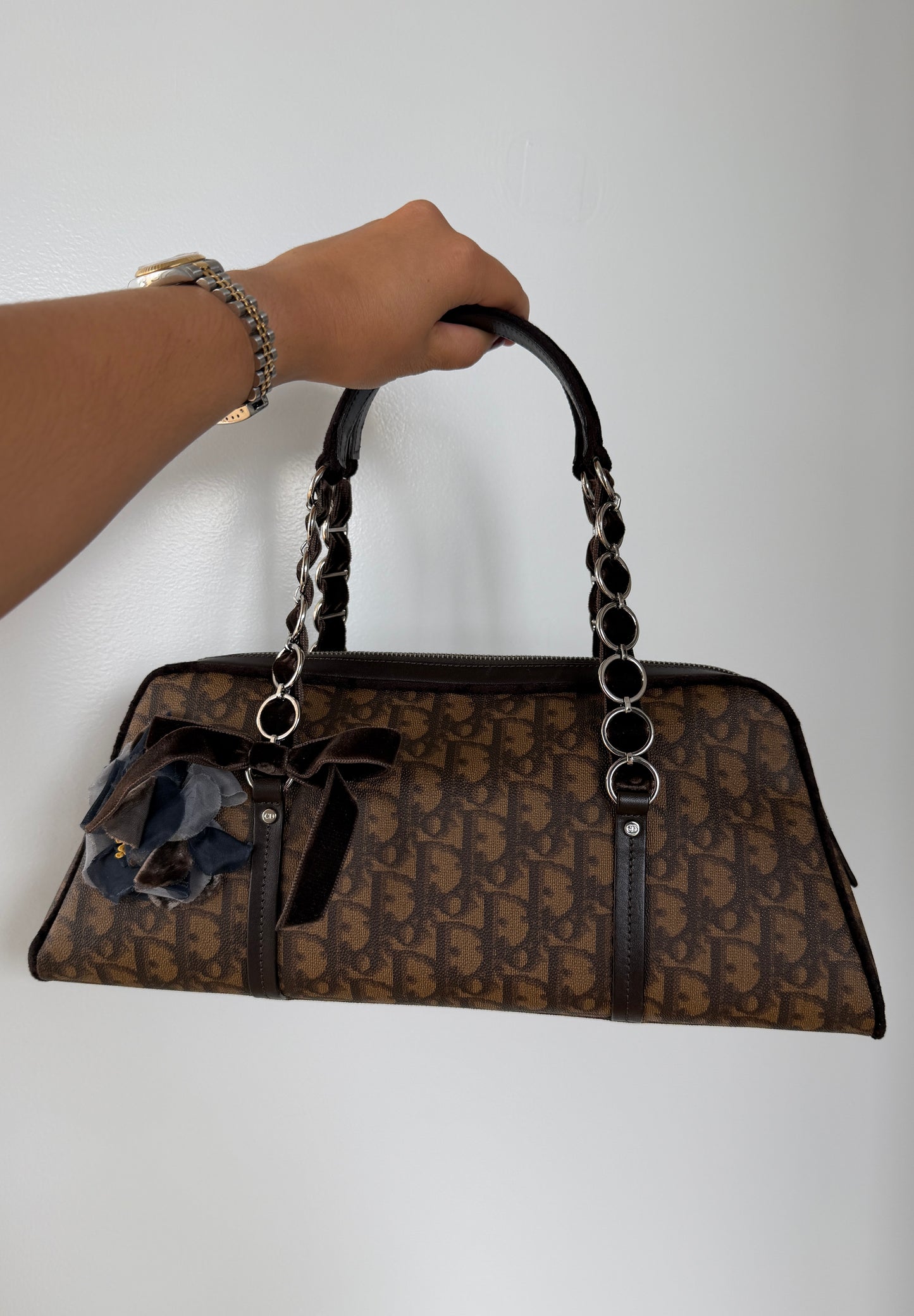 Dior Vintage 2005 Brown Diorissimo Monogram Canvas Romantique Velvet Bow Floral Trotter East West Shoulder Bag