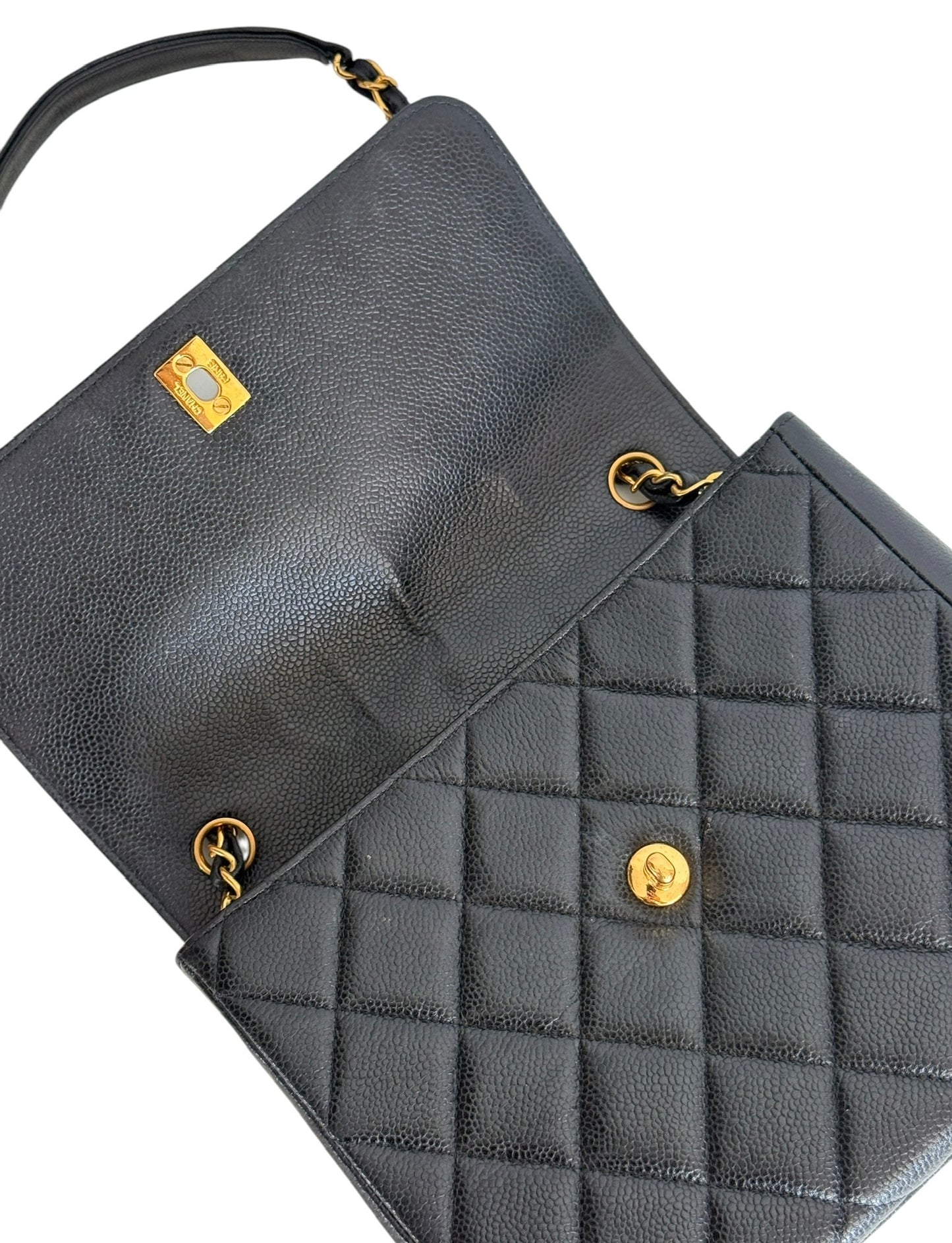 Chanel Vintage 90s Black Quilted Caviar Leather Medium Square Flap Shoulder Bag with 24K GPHW
