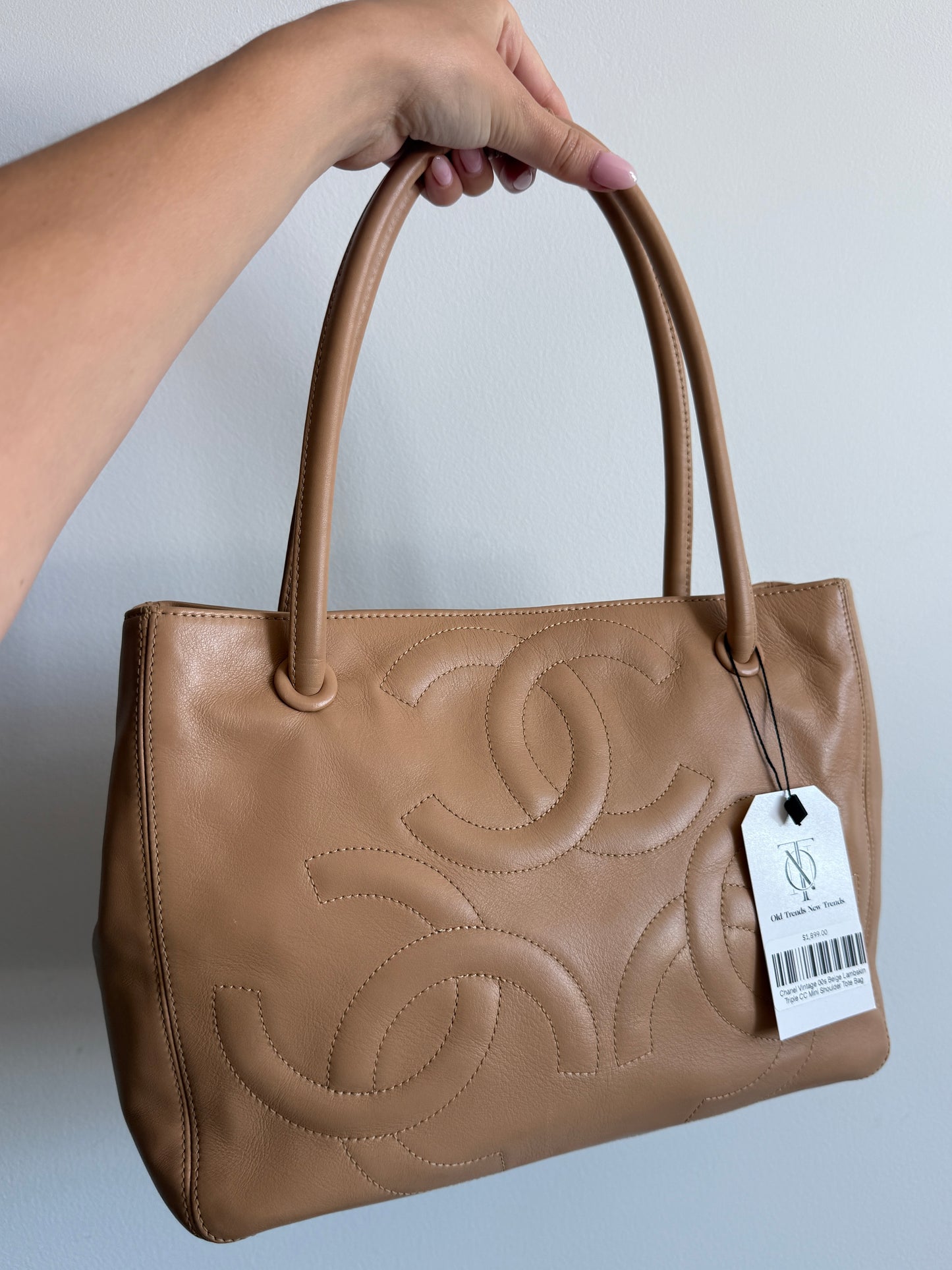 Chanel Vintage 00s Beige Lambskin Triple CC Small Shoulder Tote Bag