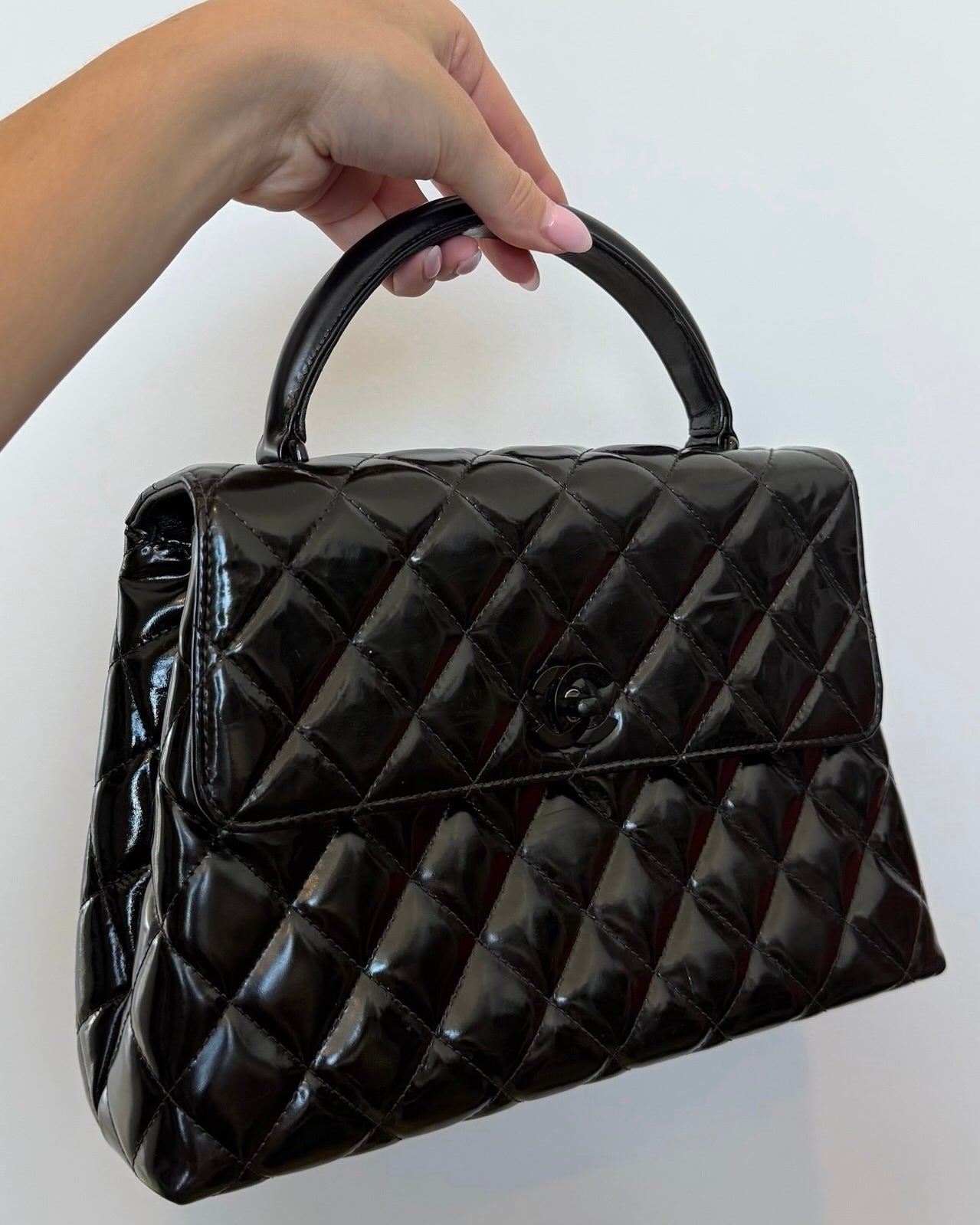 Chanel Vintage 90s Black Quilted Patent Leather So Black Hardware Small Kelly Top Handle Flap Bag