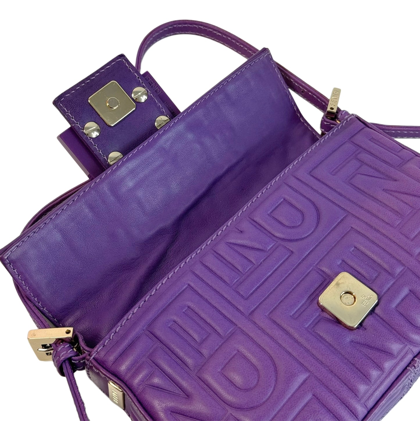 Fendi Vintage Purple Nappa Embossed Logo Leather Shoulder Mini Baguette Shoulder Bag