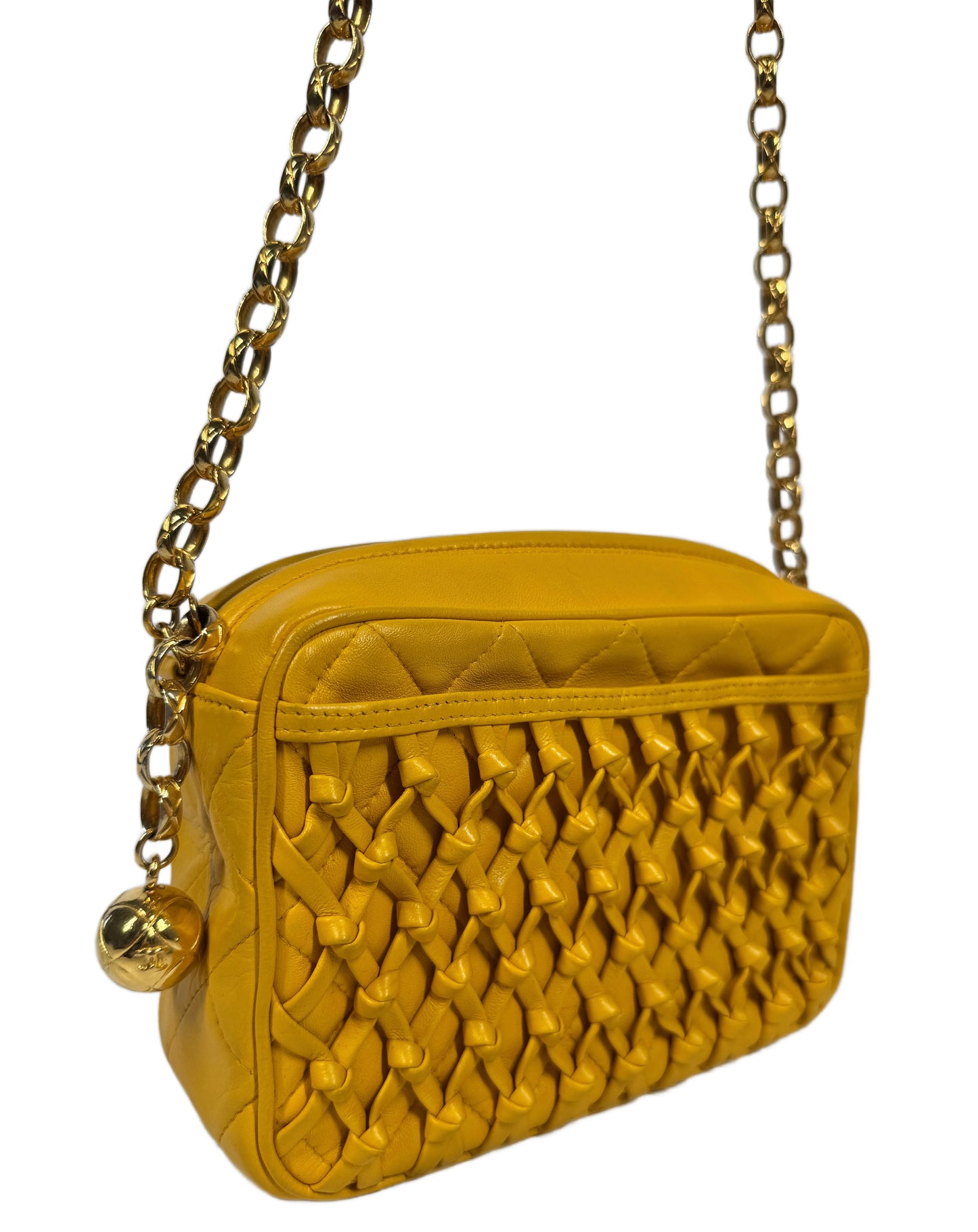 Chanel Vintage 90s Yellow Gold Knotted Quilted Lambskin Tassel Camera Shoulder Crossbody Bag