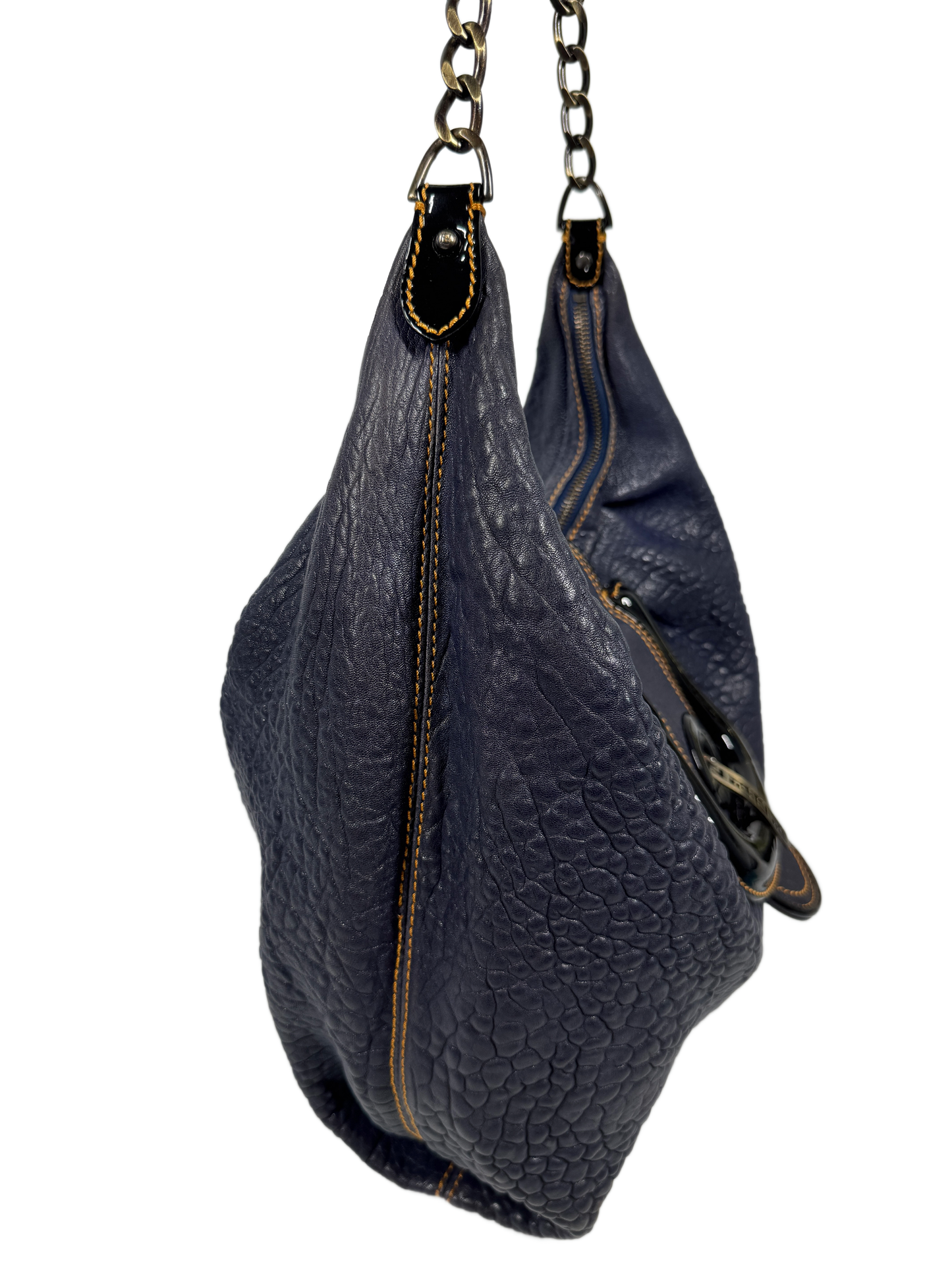 Fendi Vintage Navy Blue Leather & Black Patent Logo Buckle Large Hobo Shoulder Bag