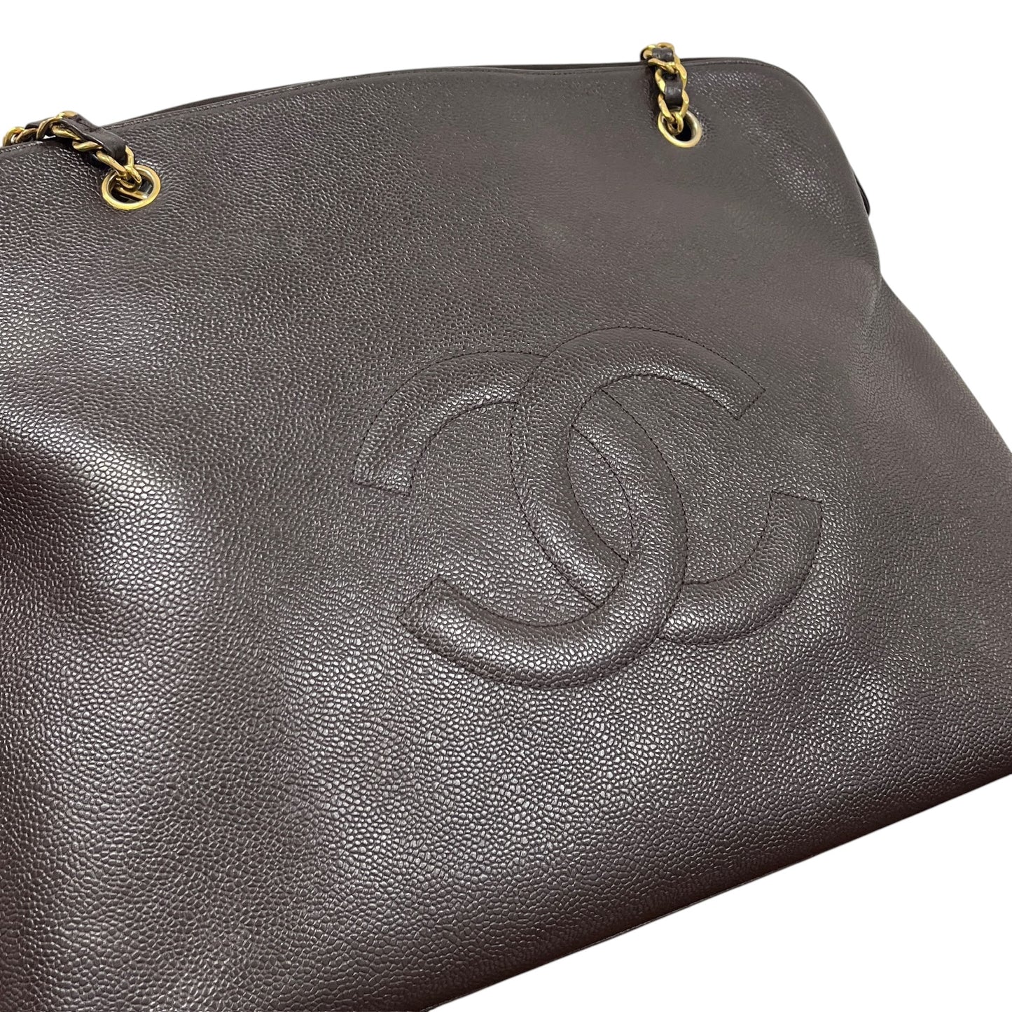 Chanel Vintage 90s Dark Brown Caviar Large CC Logo Zip Shoulder Tote Bag with 24K Gold Plated Hardware