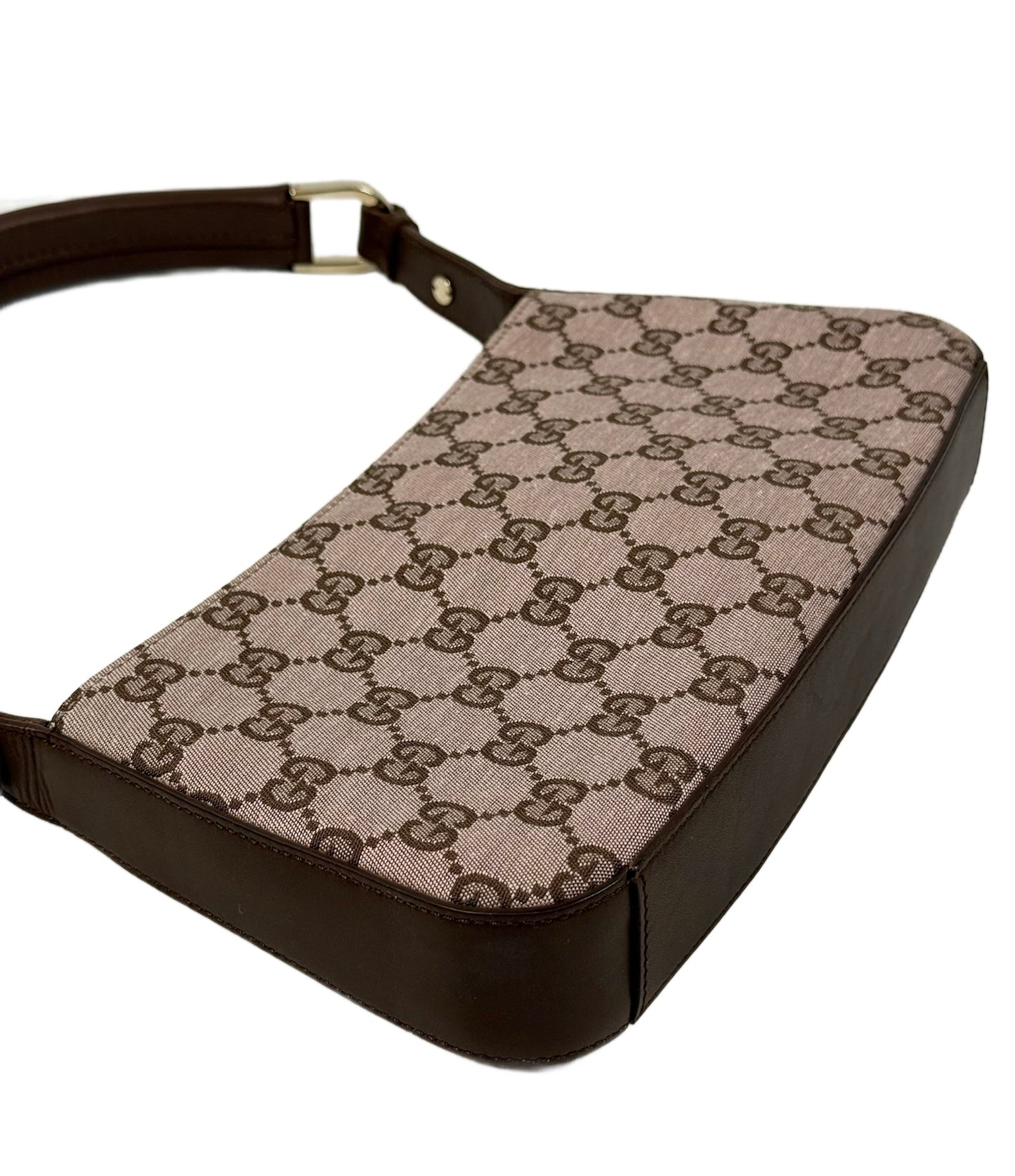 Gucci Vintage Light Brown Satin GG Monogram Leather Trim Shoulder Pochette Bag