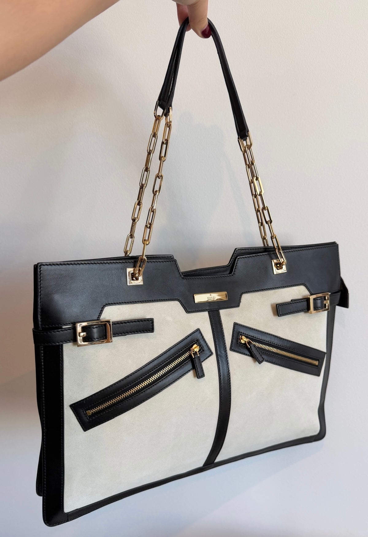 Gucci Vintage Beige Suede Black Leather Chain Link Medium Shoulder Tote Bag