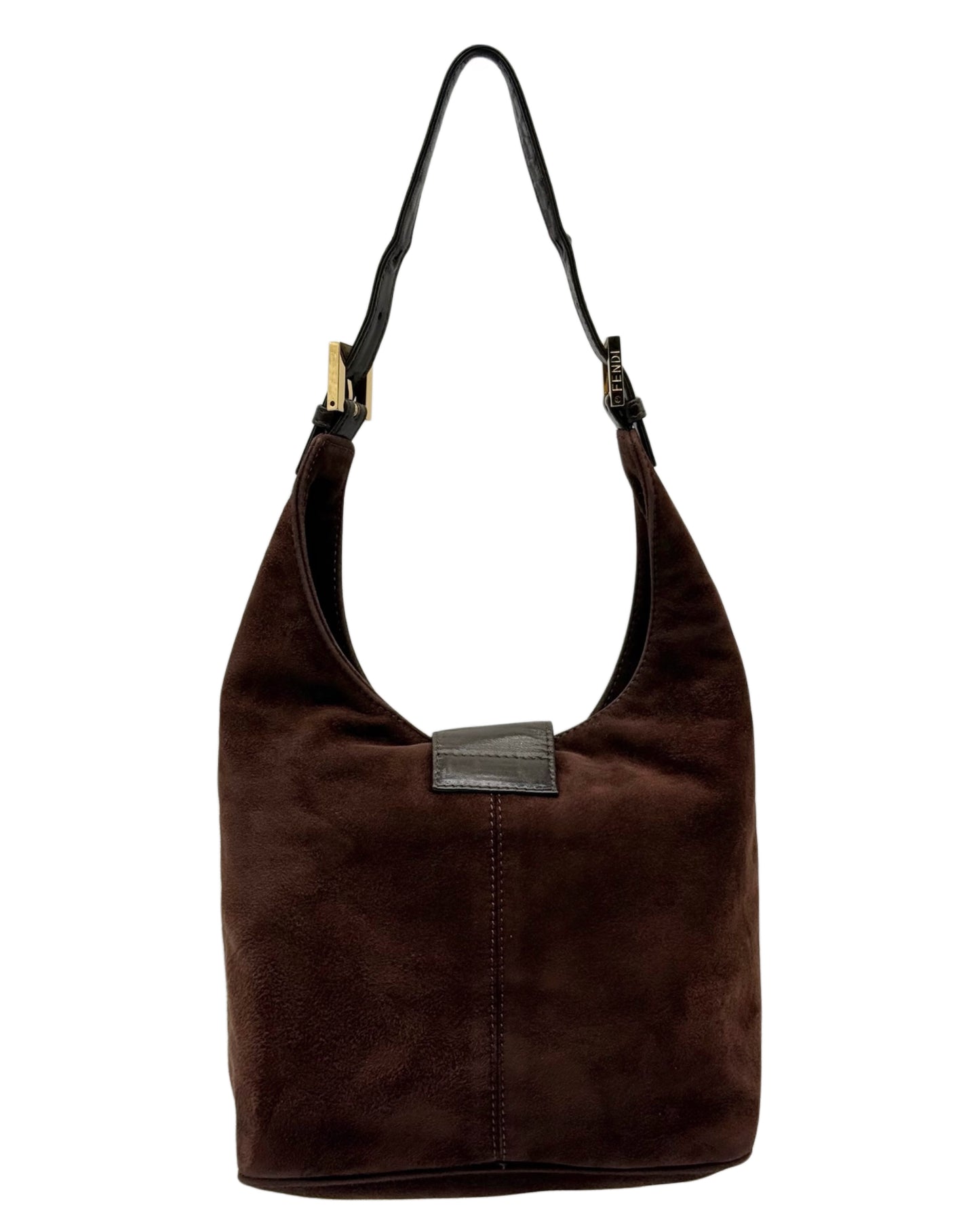 Fendi Vintage Brown Suede Hobo Bucket Shoulder Baguette Bag with Purple Glitter Logo