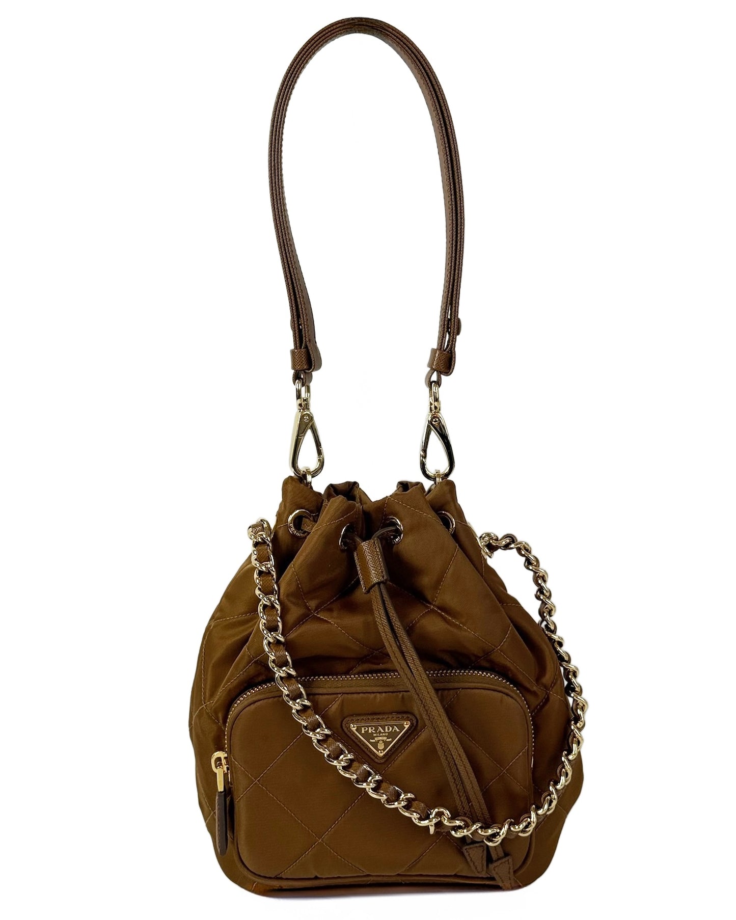 Prada Light Brown Quilted Nylon Small Drawstring Bucket Shoulder Bag